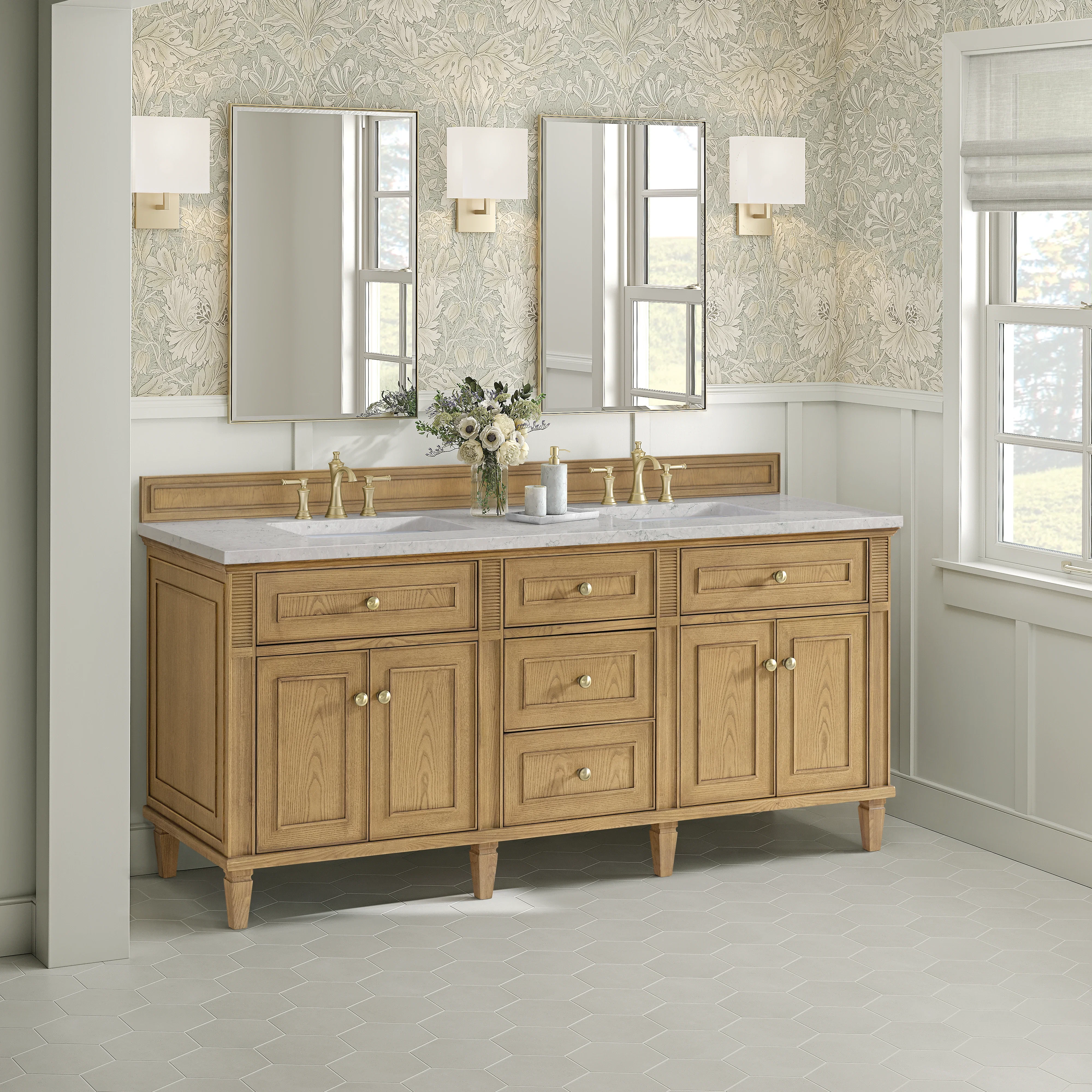 Lorelai 72" Double Vanity, Light Natural Oak w/ 3 CM Eternal Jasmine Pearl Silestone Top w/FreePower Wireless Charger