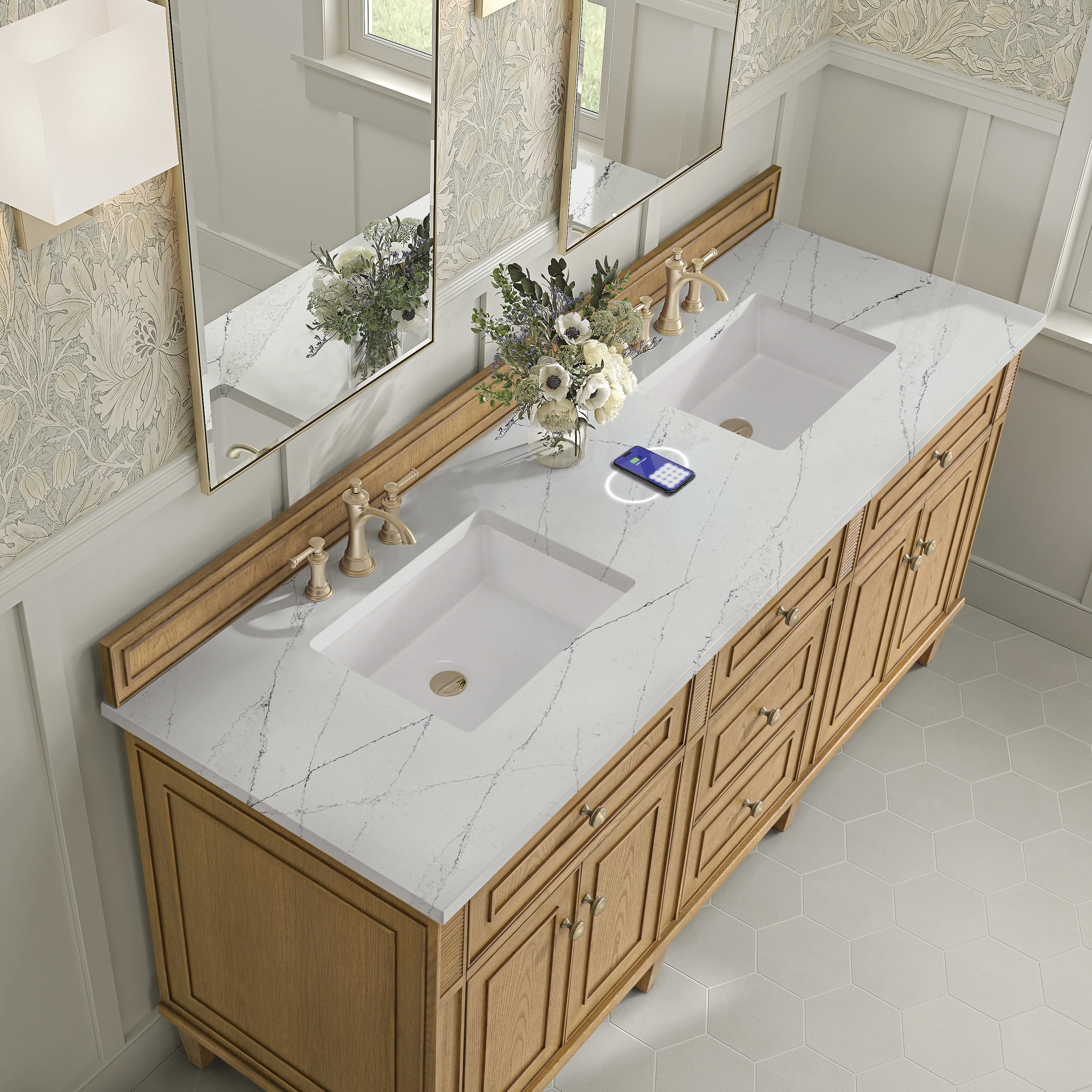 Lorelai 72" Double Vanity, Light Natural Oak w/ 3 CM Ethereal Noctis Silestone Top w/FreePower Wireless Charger