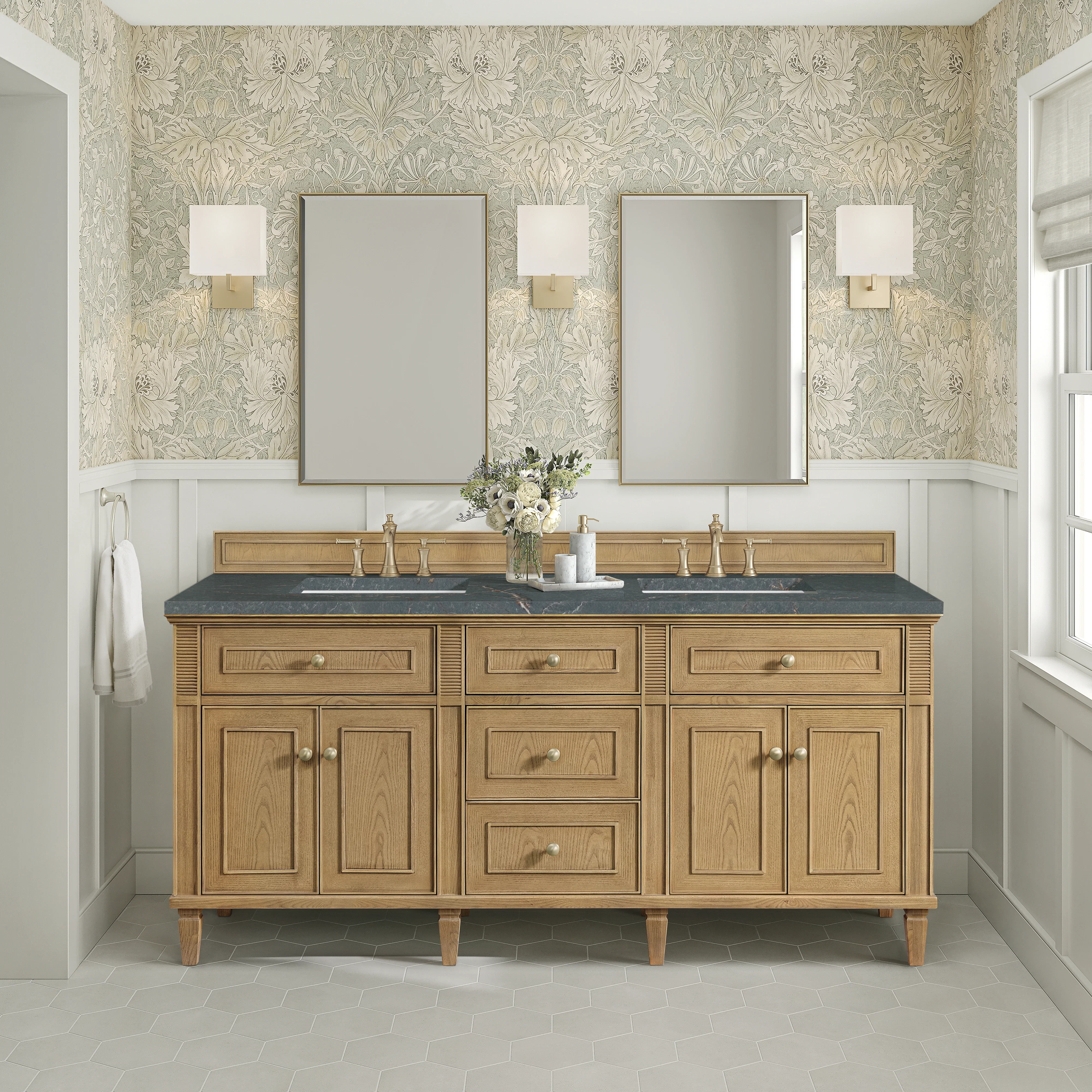 Lorelai 72" Double Vanity, Light Natural Oak w/ 3 CM Parisien Bleu Silestone Top w/FreePower Wireless Charger