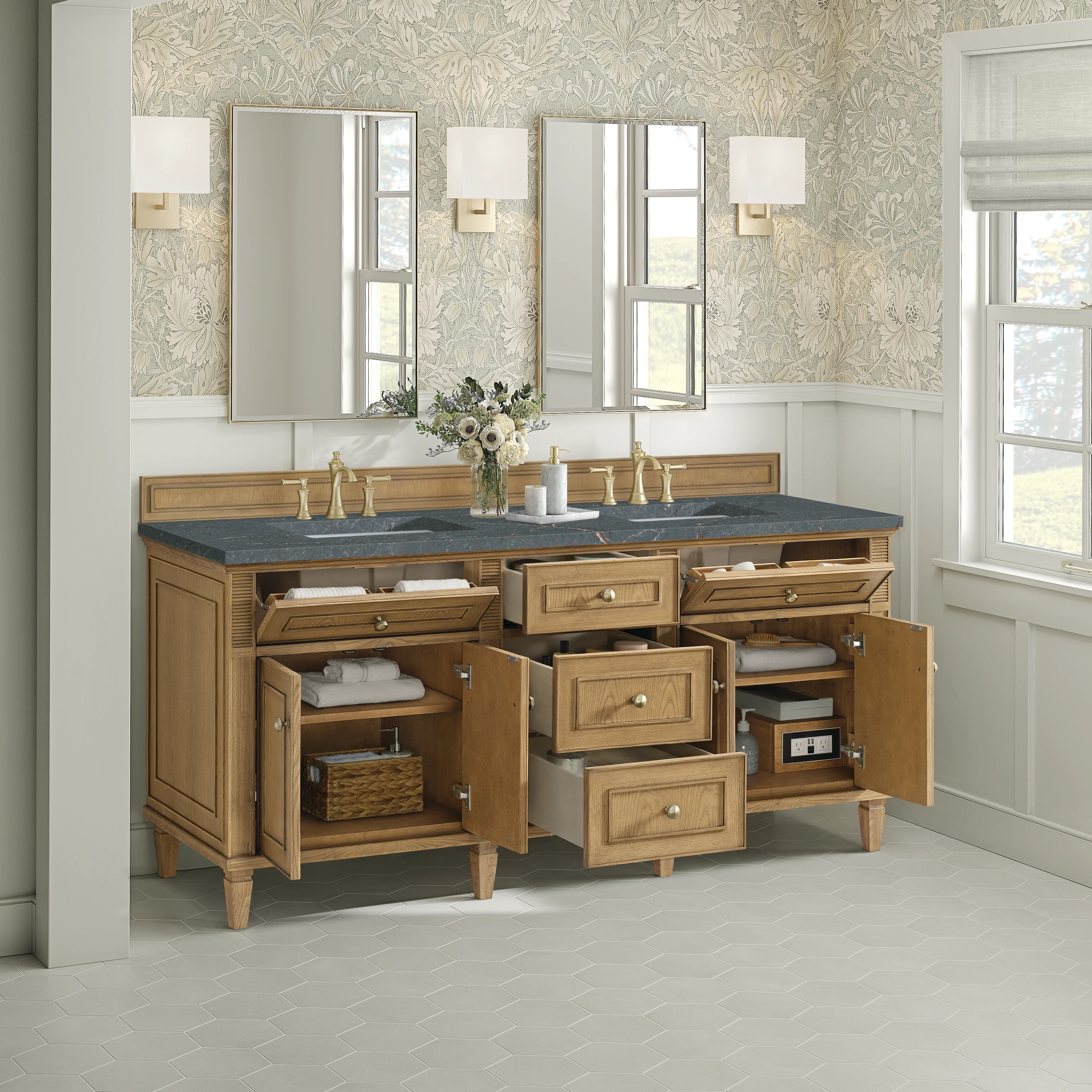 Lorelai 72" Double Vanity, Light Natural Oak w/ 3 CM Parisien Bleu Silestone Top w/FreePower Wireless Charger