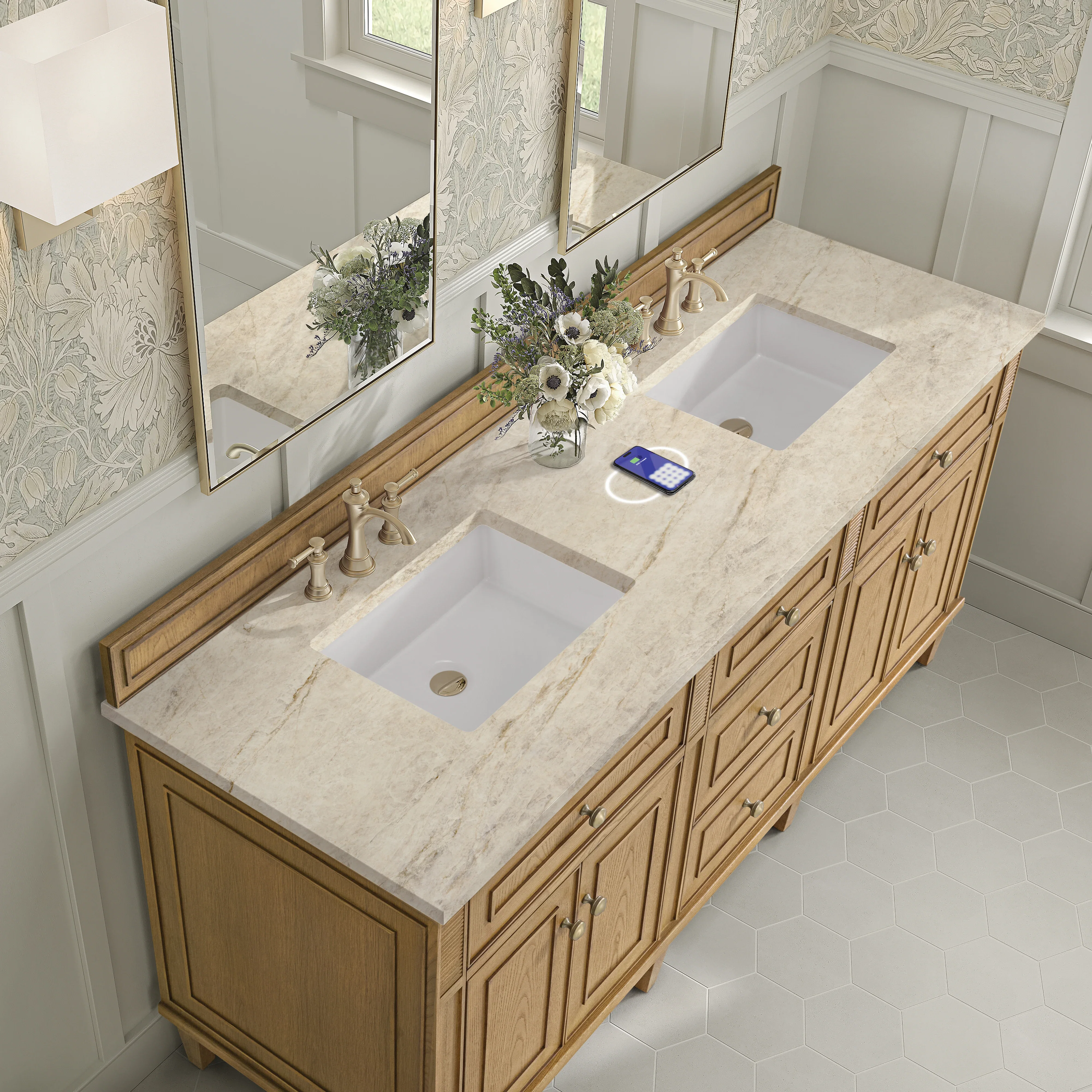 Lorelai 72" Double Vanity, Light Natural Oak, w/ 3 CM Tajnar Eclos Top w/FreePower Wireless Charger