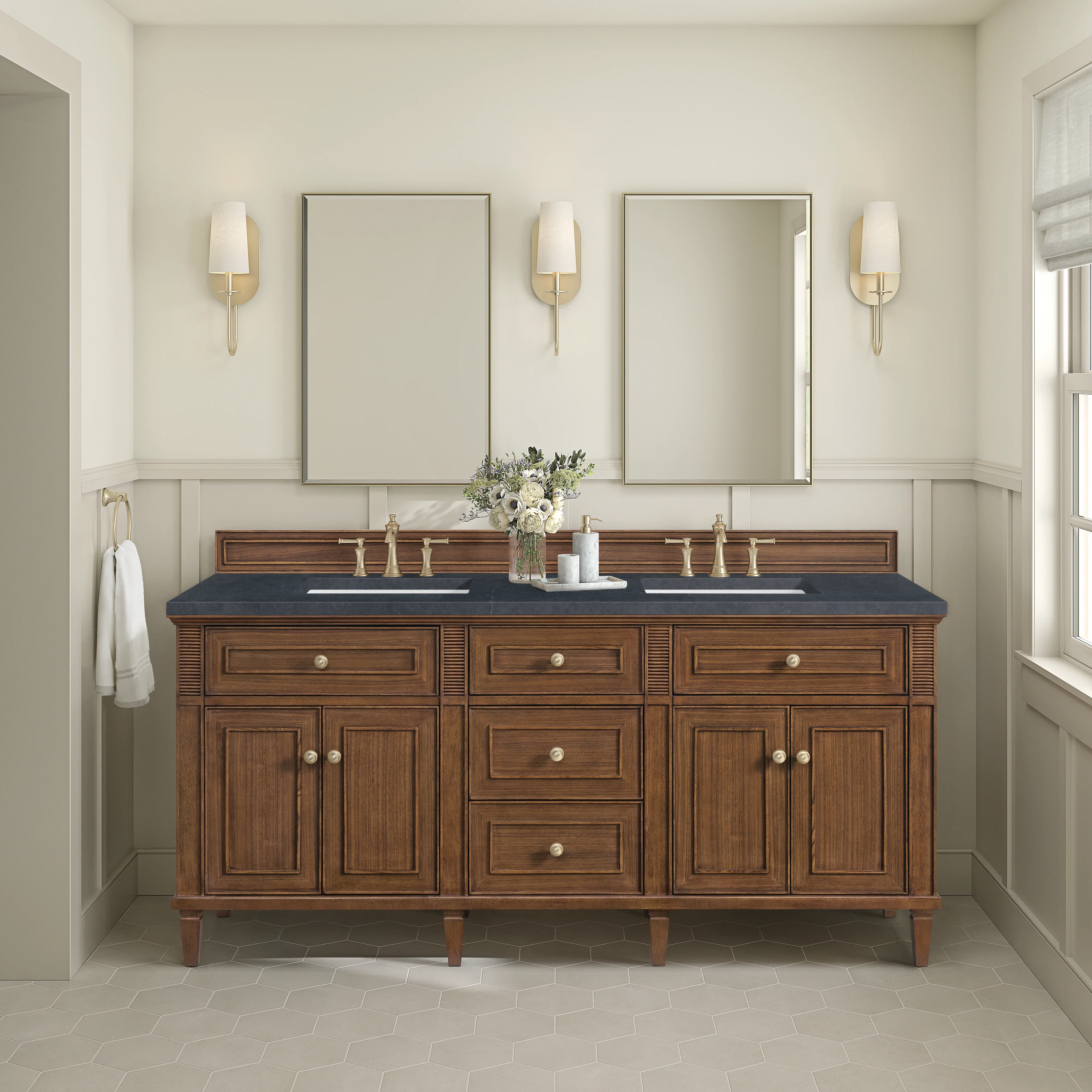 Lorelai 72"Double Vanity, Mid-Century Walnut w/ 3 CM Charcoal Soapstone Silestone Top