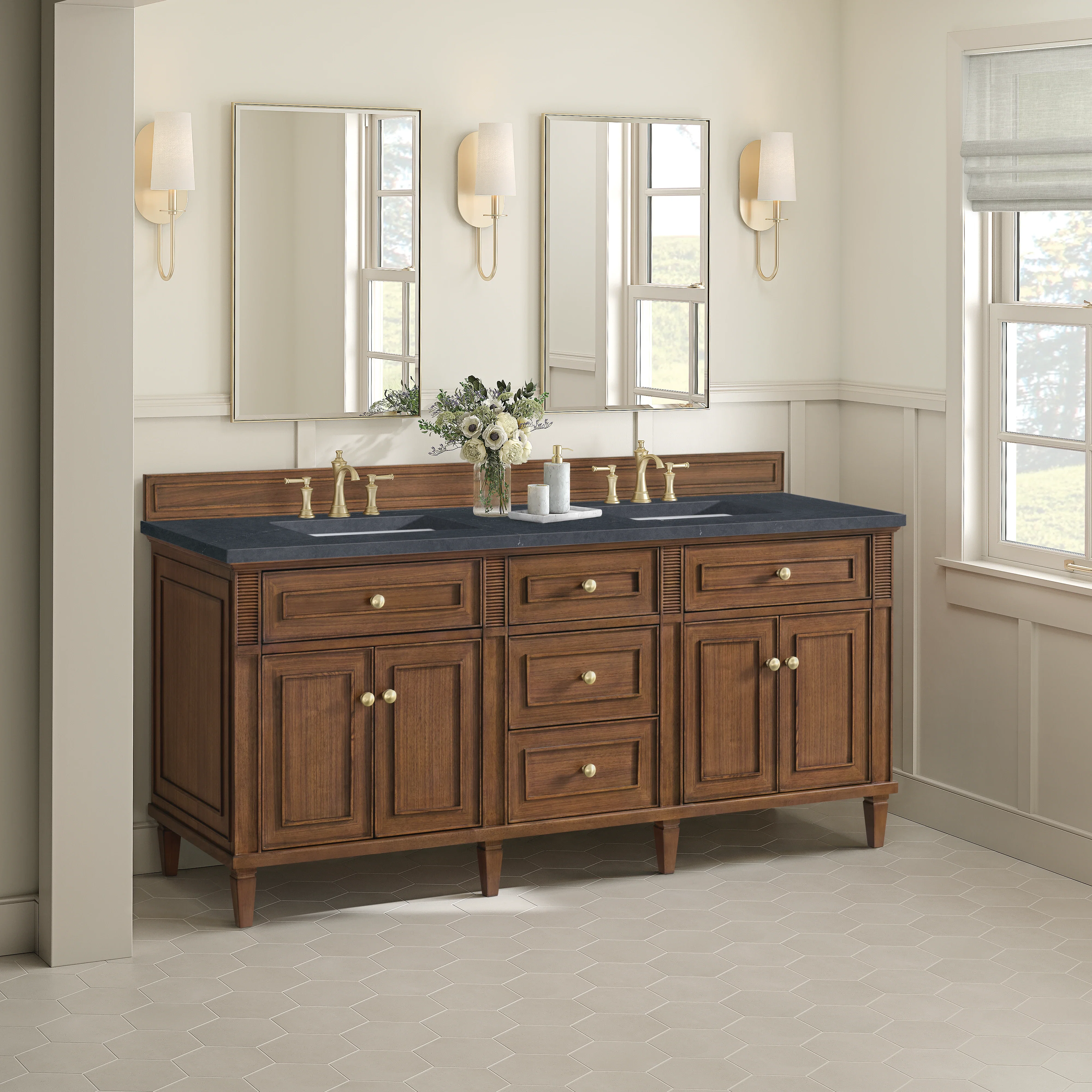 Lorelai 72"Double Vanity, Mid-Century Walnut w/ 3 CM Charcoal Soapstone Silestone Top