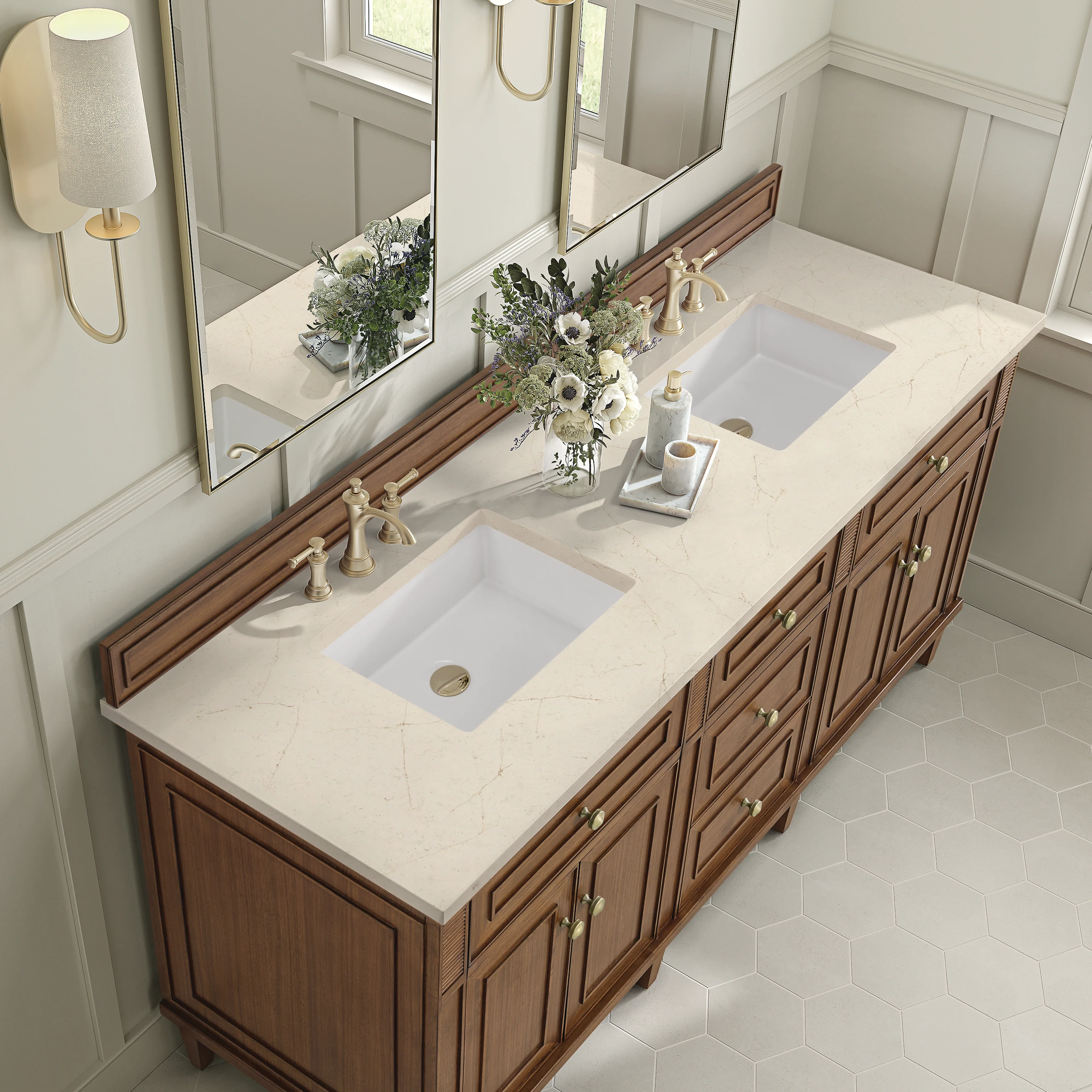 Lorelai 72" Double Vanity, Mid-Century Walnut w/ 3 CM Eternal Marfil Silestone Top