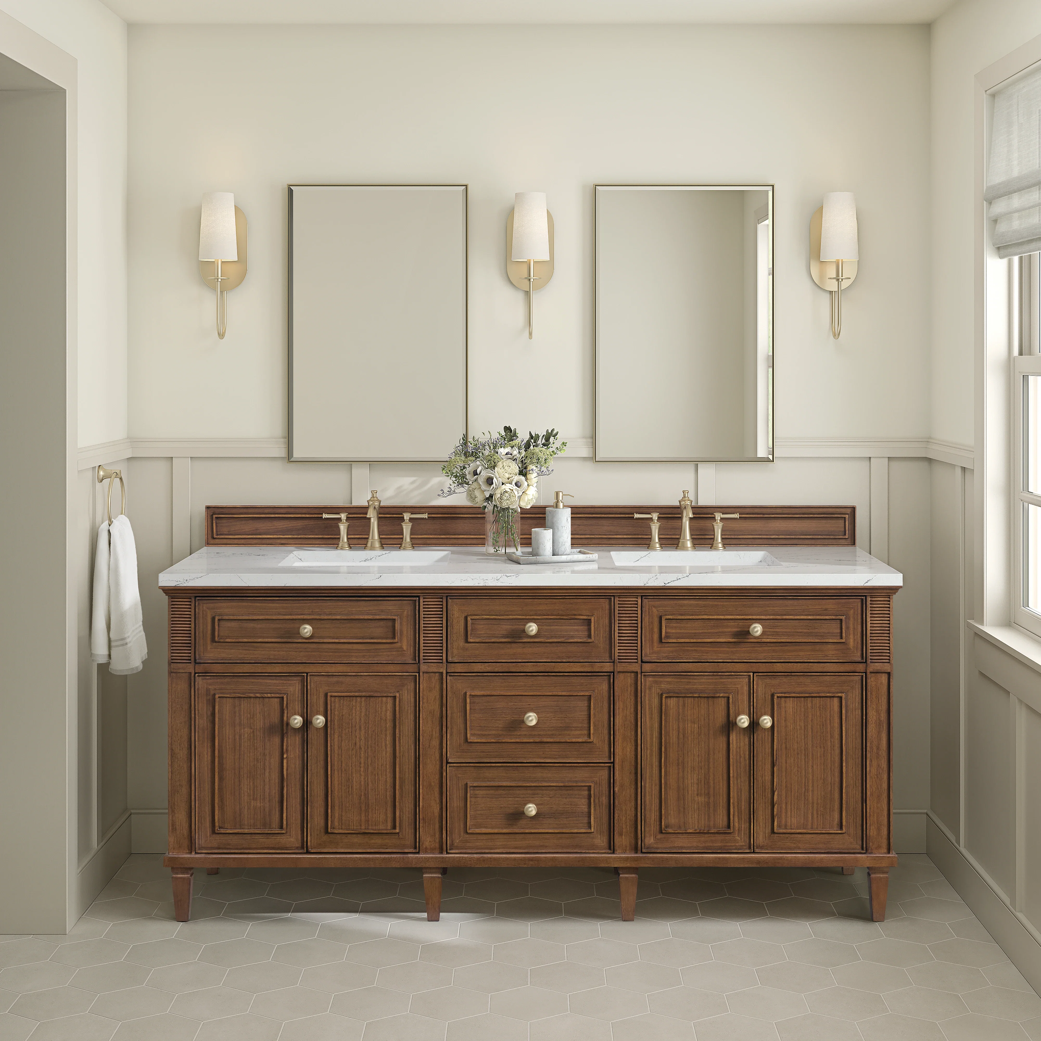 Lorelai 72"Double Vanity, Mid-Century Walnut w/ 3 CM Ethereal Noctis Silestone Top