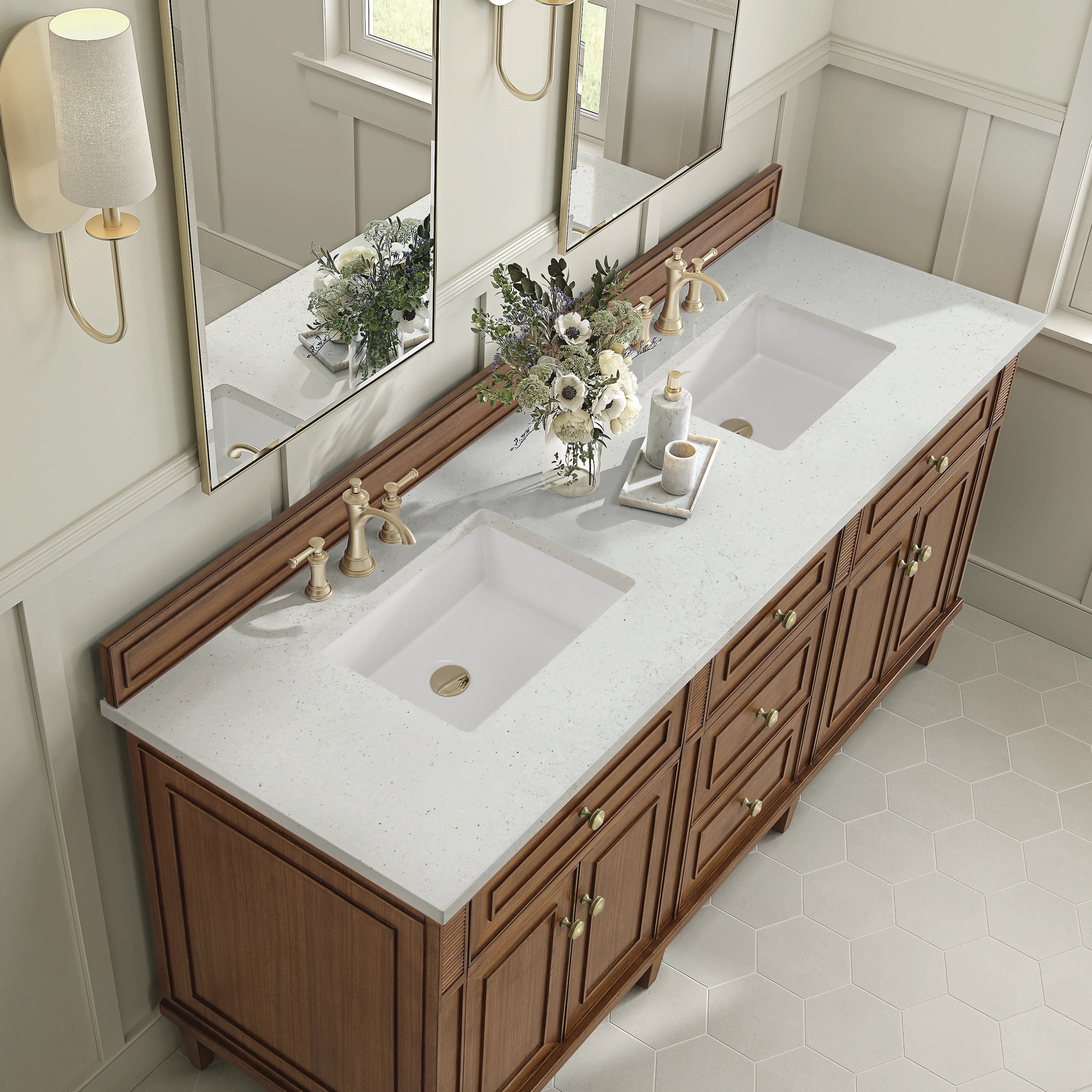 Lorelai 72"Double Vanity, Mid-Century Walnut w/ 3 CM Lime Delight Silestone Top
