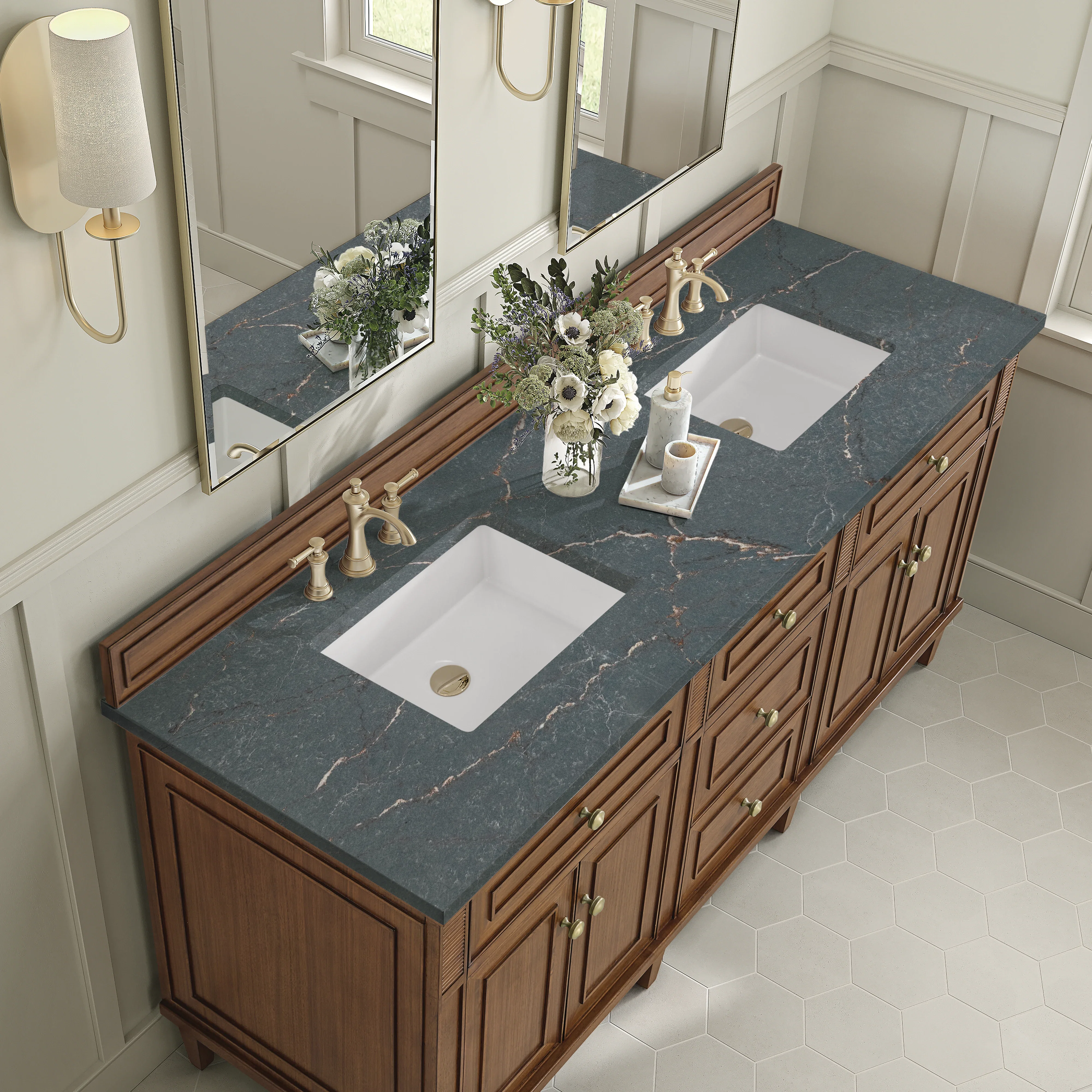 Lorelai 72"Double Vanity, Mid-Century Walnut w/ 3 CM Parisien Bleu Silestone Top