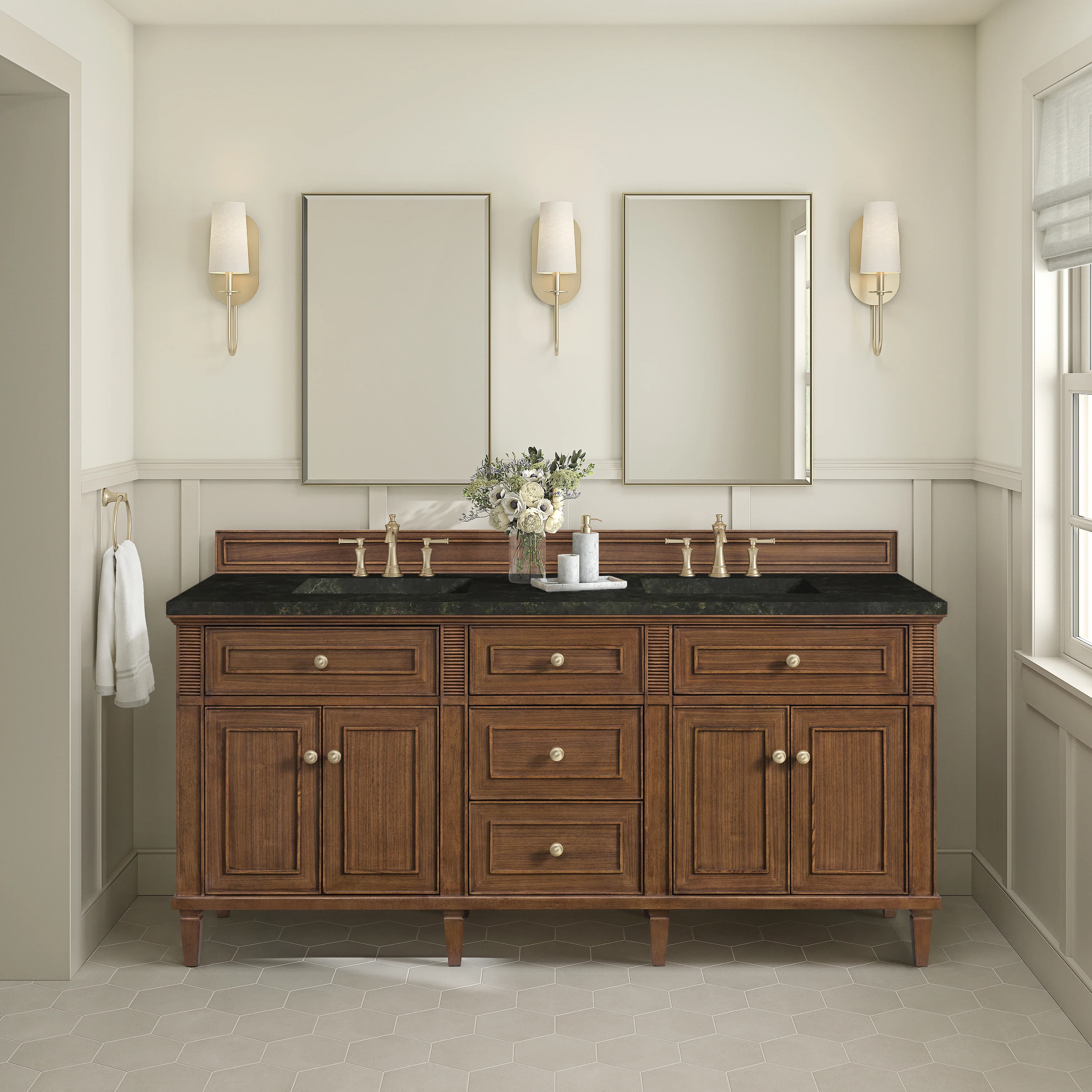 Lorelai 72" Double Vanity, Mid-Century Walnut, w/ 3 CM Phantome Eclos Top