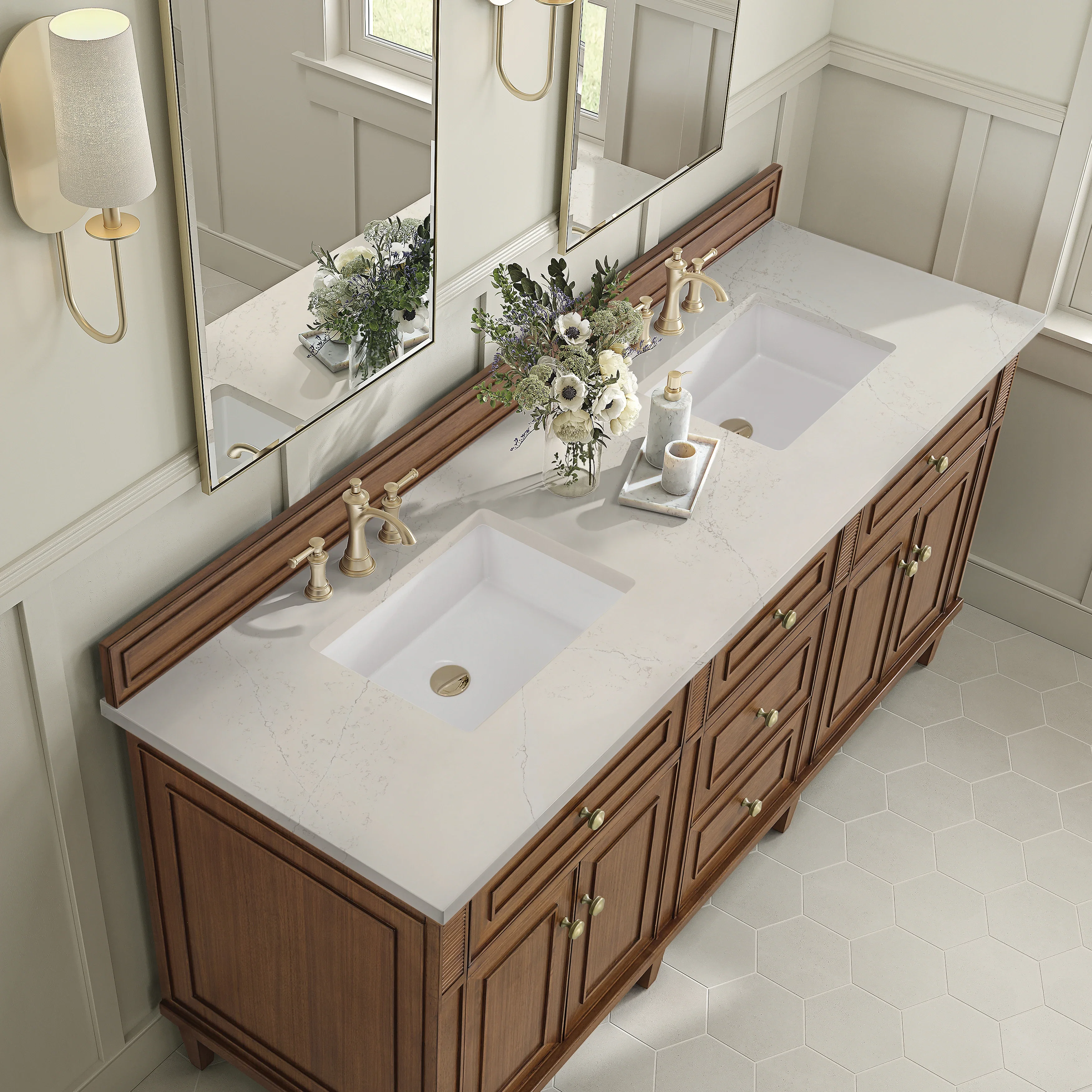 Lorelai 72" Double Vanity, Mid-Century Walnut, w/ 3 CM Siberian Silestone Top