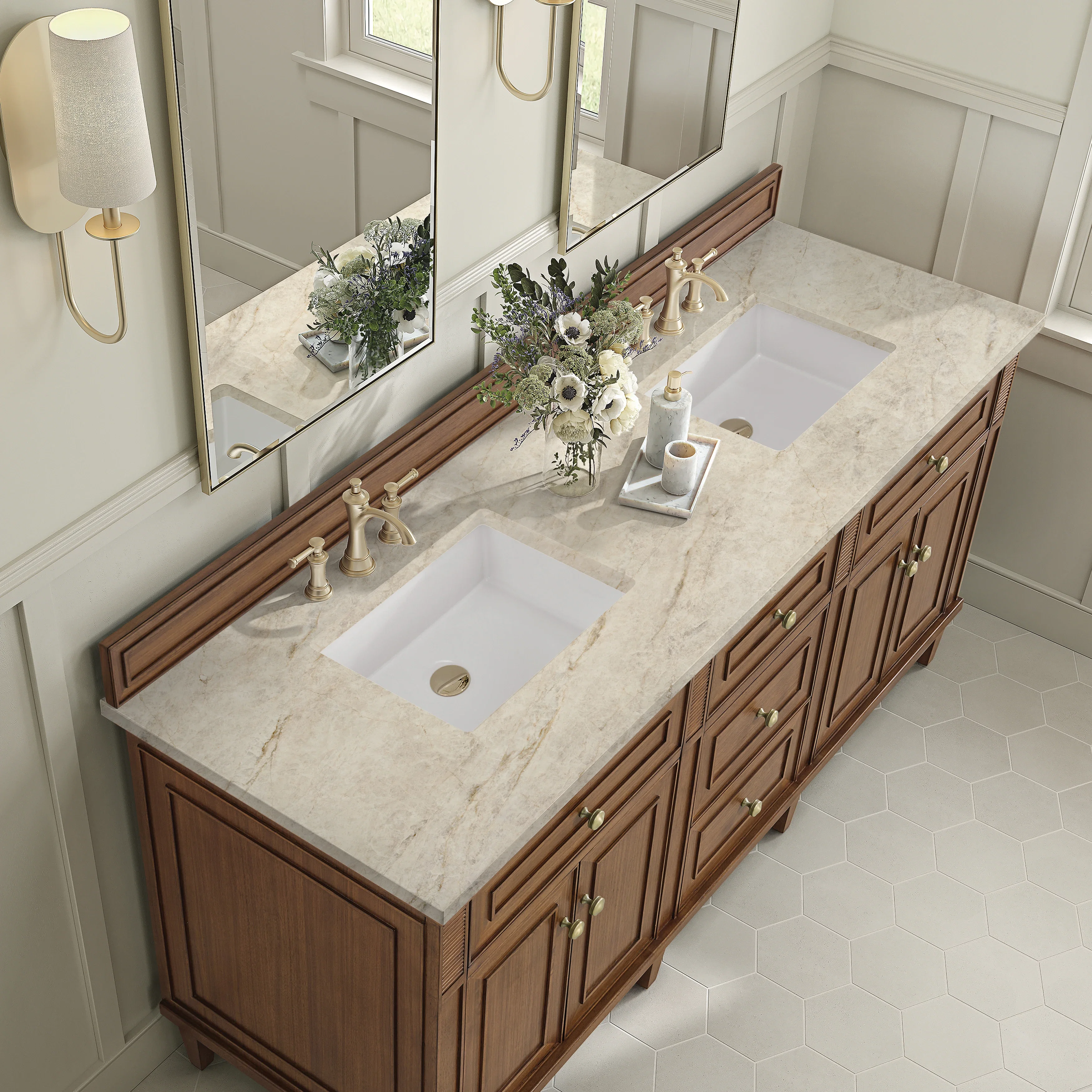 Lorelai 72" Double Vanity, Mid-Century Walnut, w/ 3 CM Tajnar Eclos Top