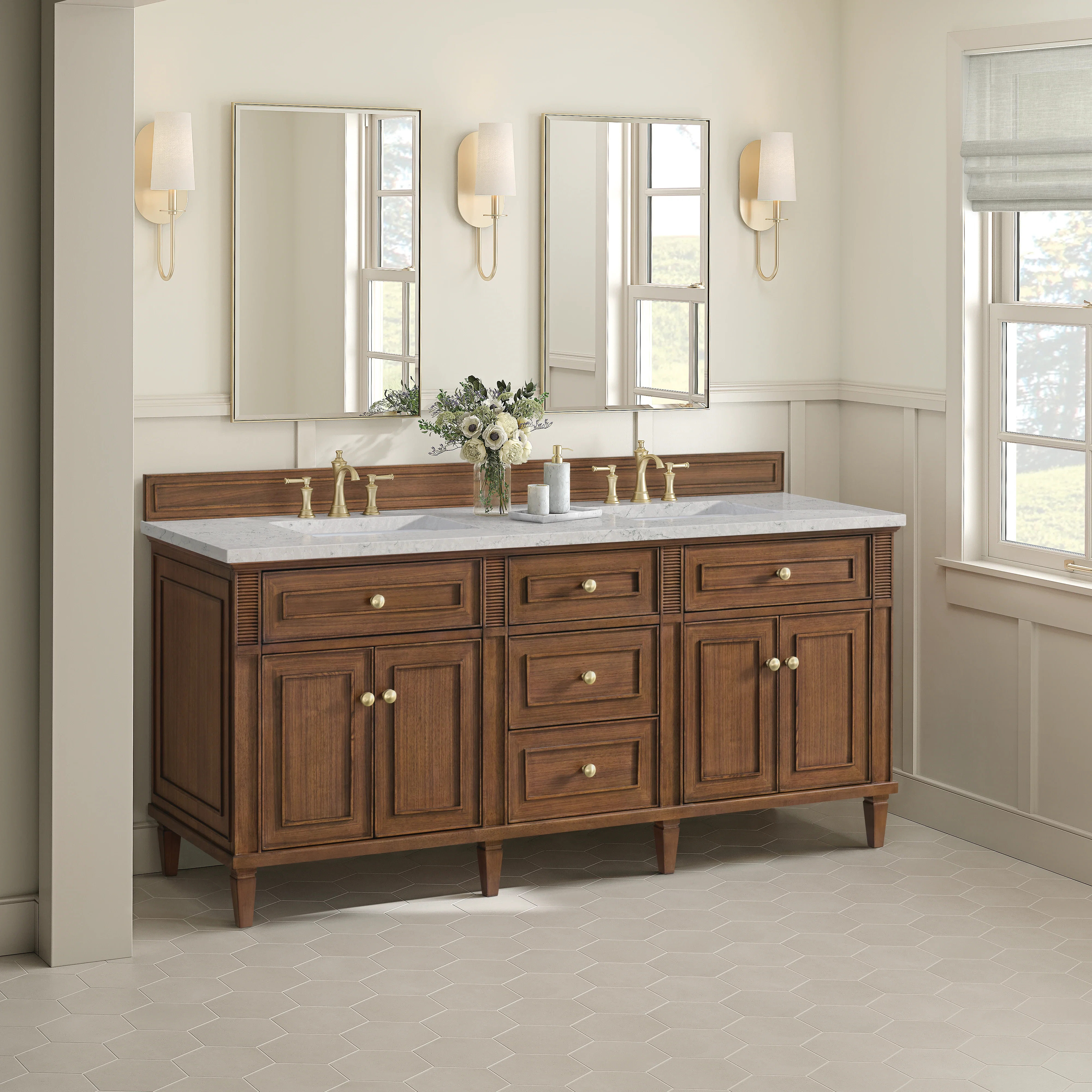 Lorelai 72"Double Vanity, Mid-Century Walnut w/ 3 CM Eternal Jasmine Pearl Silestone Top w/FreePower Wireless Charger