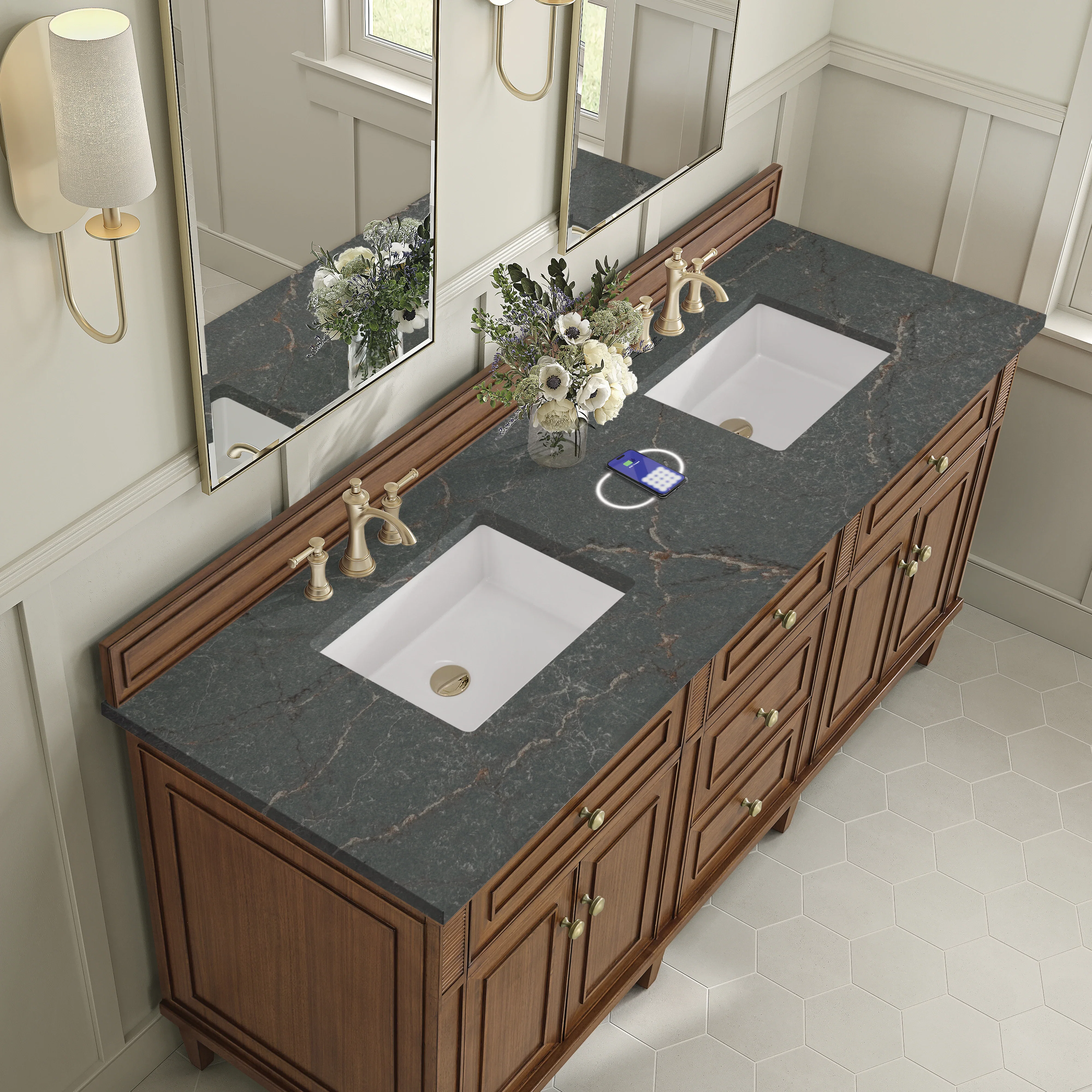 Lorelai 72"Double Vanity, Mid-Century Walnut w/ 3 CM Parisien Bleu Silestone Top w/FreePower Wireless Charger