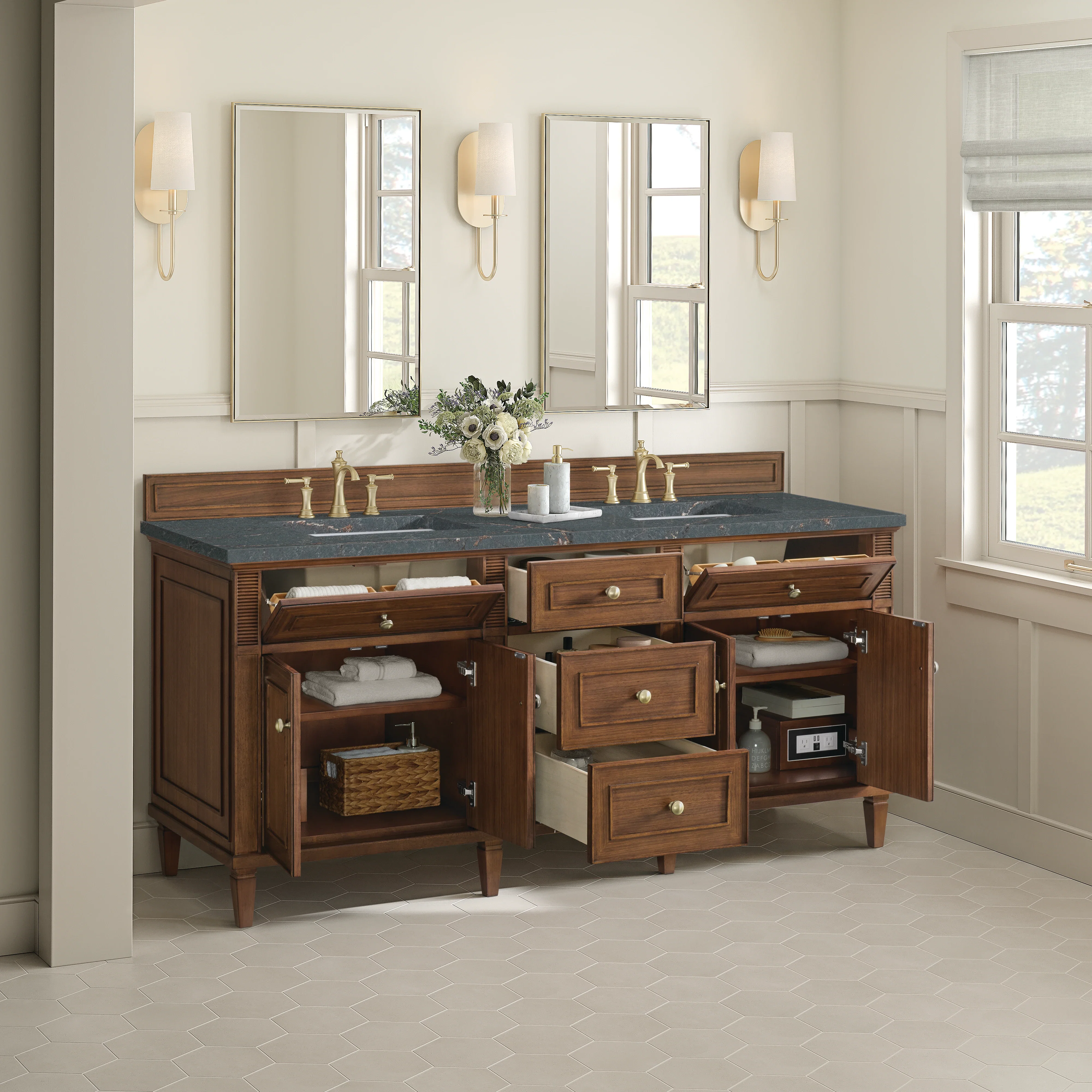 Lorelai 72"Double Vanity, Mid-Century Walnut w/ 3 CM Parisien Bleu Silestone Top w/FreePower Wireless Charger