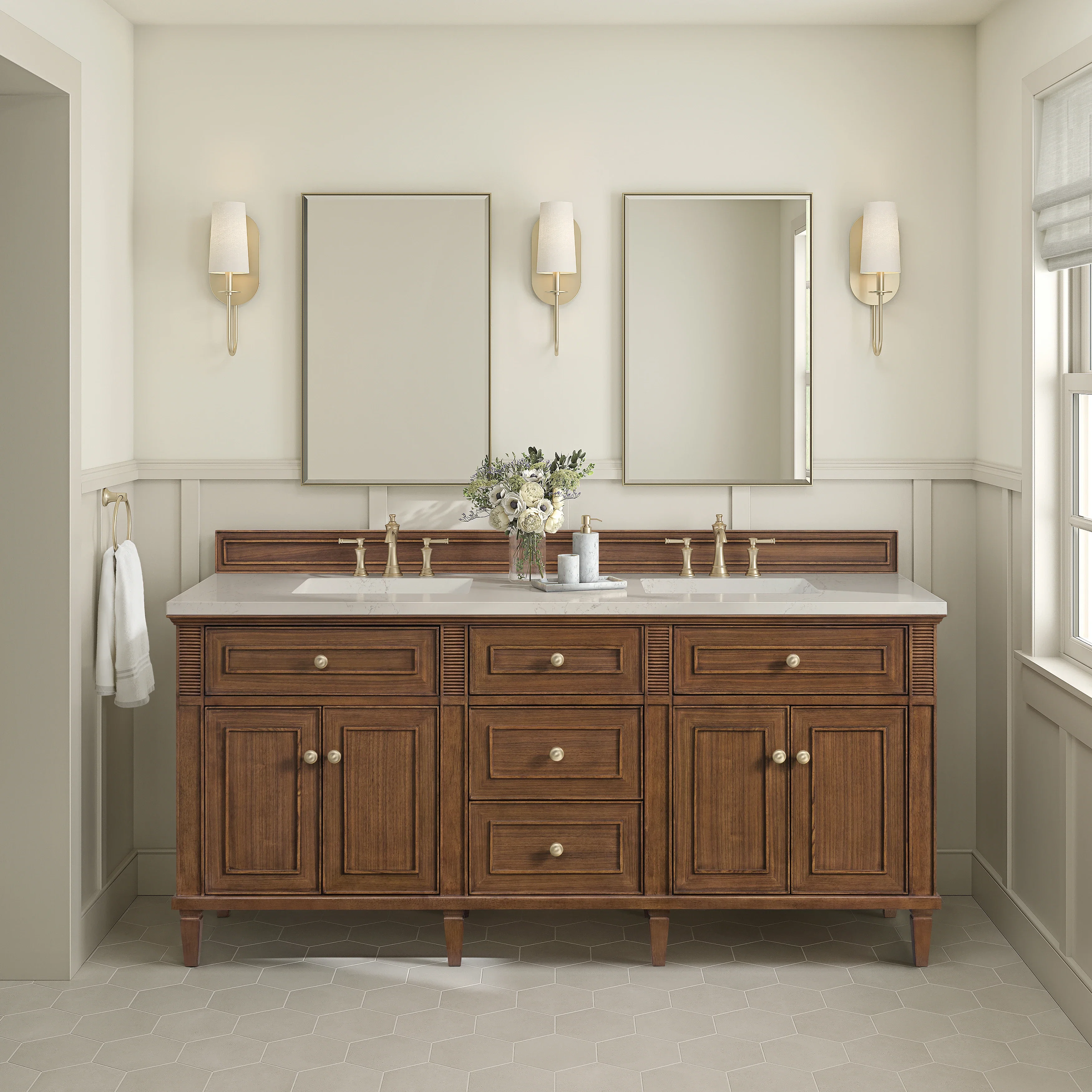 Lorelai 72" Double Vanity, Mid-Century Walnut, w/ 3 CM Siberian Silestone Top w/FreePower Wireless Charger