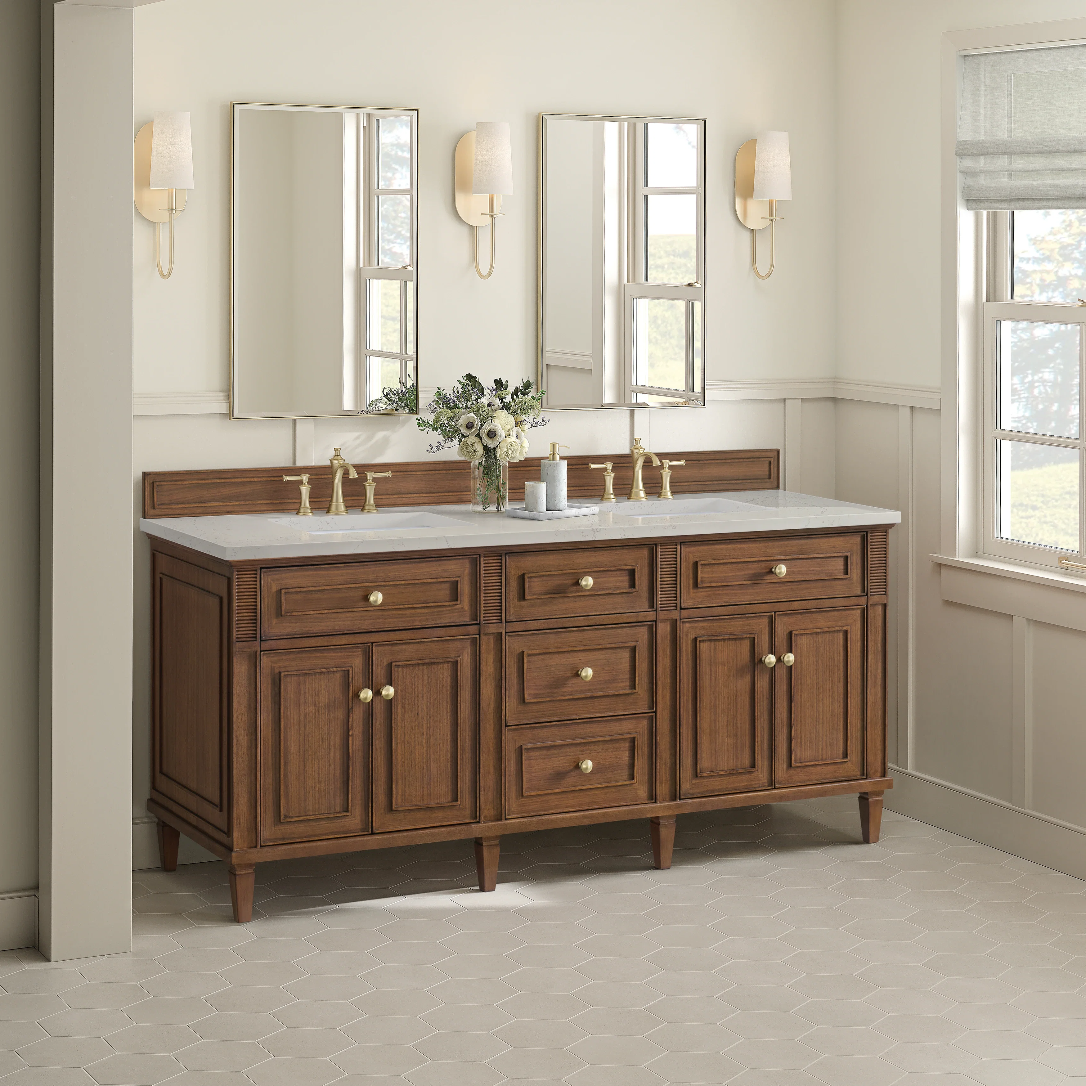 Lorelai 72" Double Vanity, Mid-Century Walnut, w/ 3 CM Siberian Silestone Top w/FreePower Wireless Charger