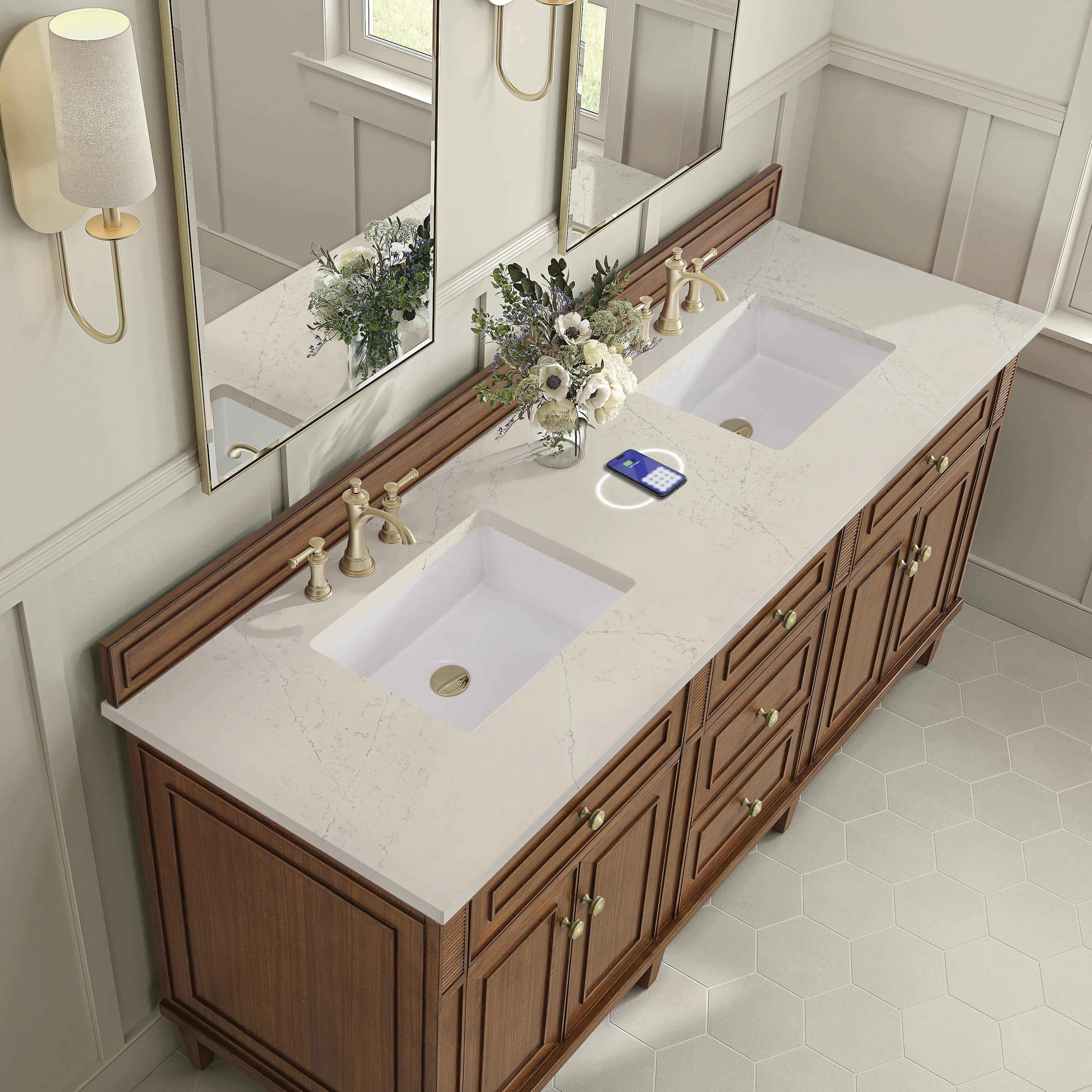 Lorelai 72" Double Vanity, Mid-Century Walnut, w/ 3 CM Siberian Silestone Top w/FreePower Wireless Charger