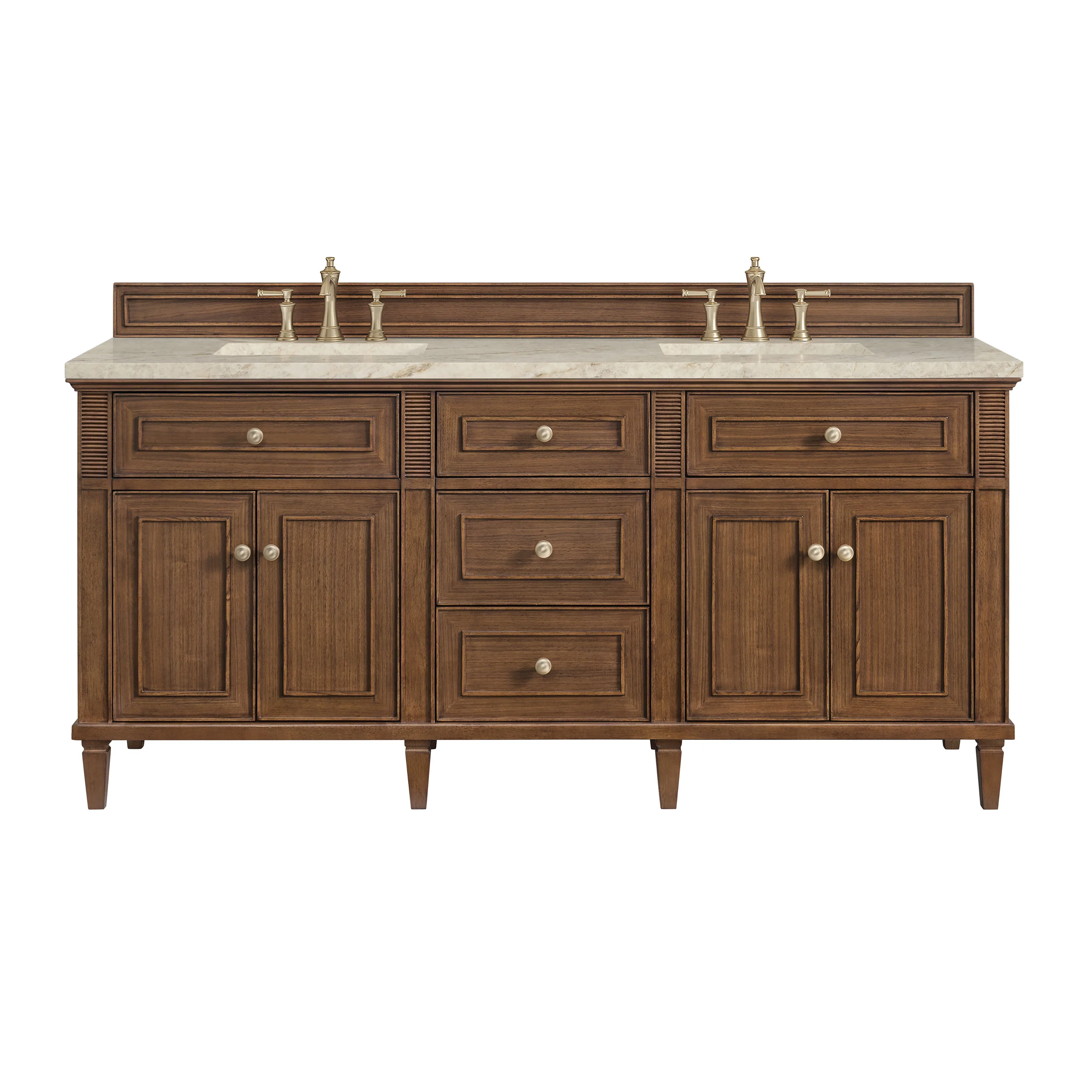 Lorelai 72" Double Vanity, Mid-Century Walnut, w/ 3 CM Tajnar Eclos Top w/FreePower Wireless Charger