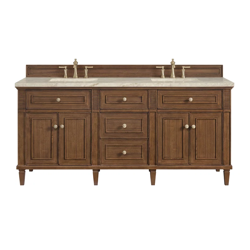 Lorelai 72" Double Vanity, Mid-Century Walnut, w/ 3 CM Tajnar Eclos Top w/FreePower Wireless Charger