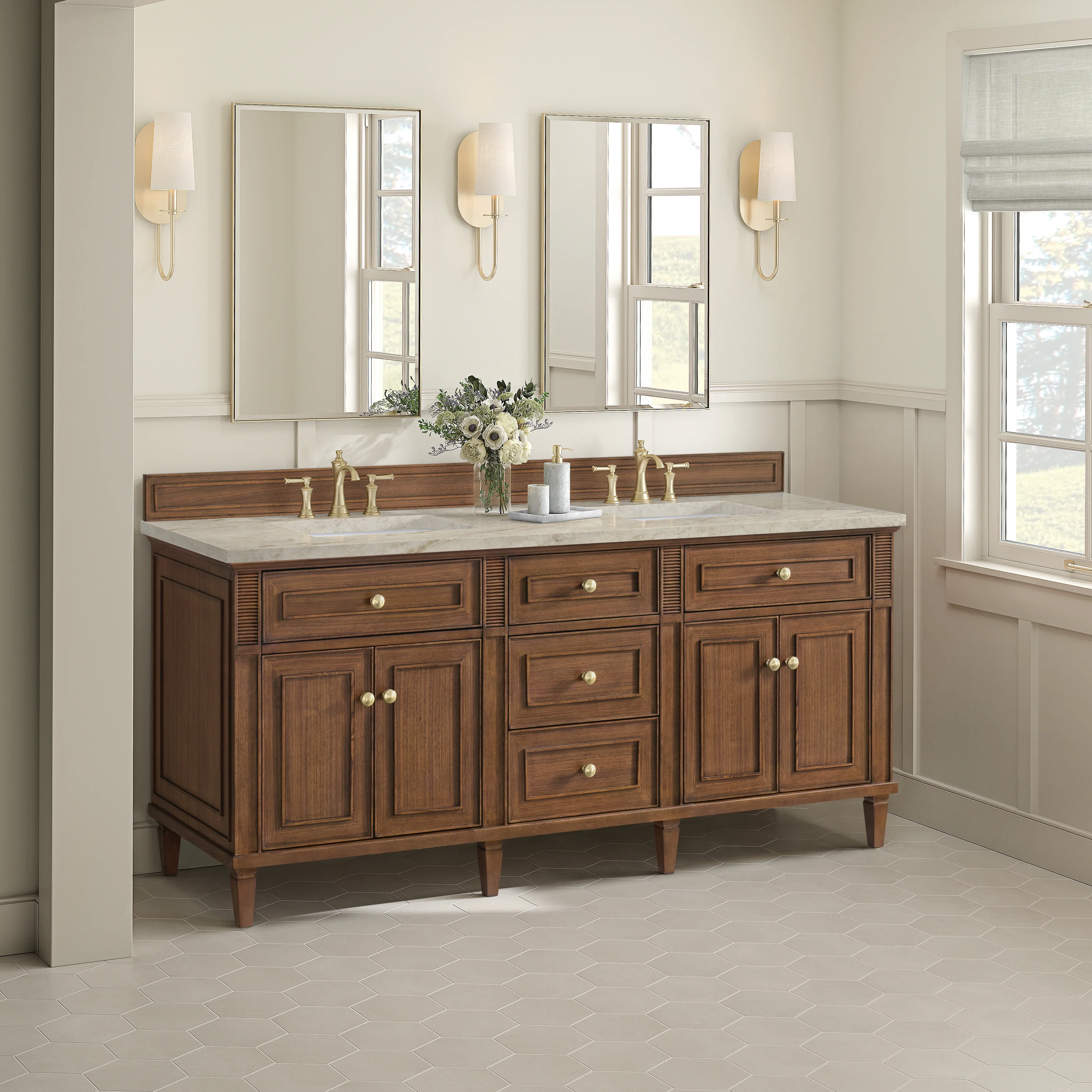 Lorelai 72" Double Vanity, Mid-Century Walnut, w/ 3 CM Tajnar Eclos Top w/FreePower Wireless Charger