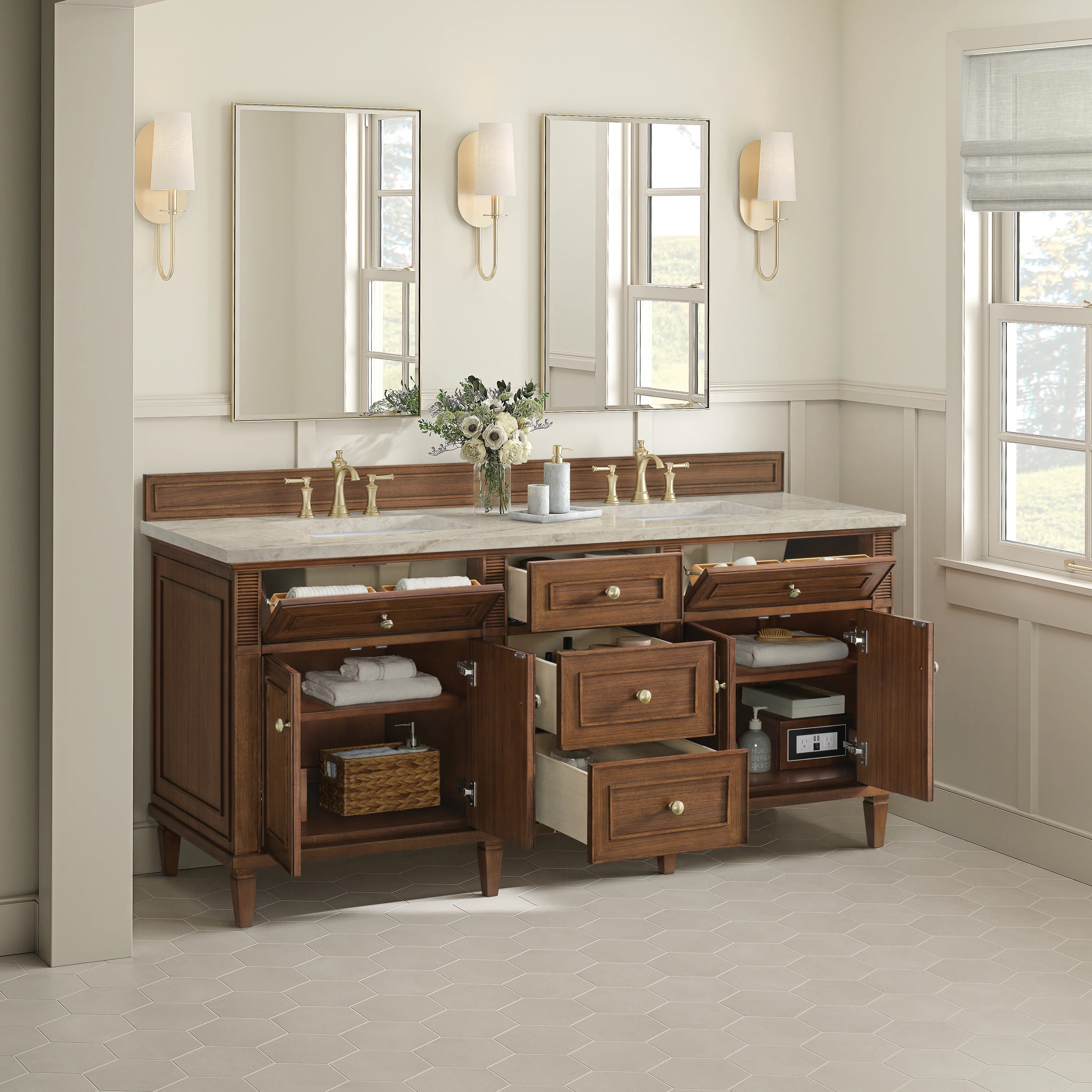 Lorelai 72" Double Vanity, Mid-Century Walnut, w/ 3 CM Tajnar Eclos Top w/FreePower Wireless Charger