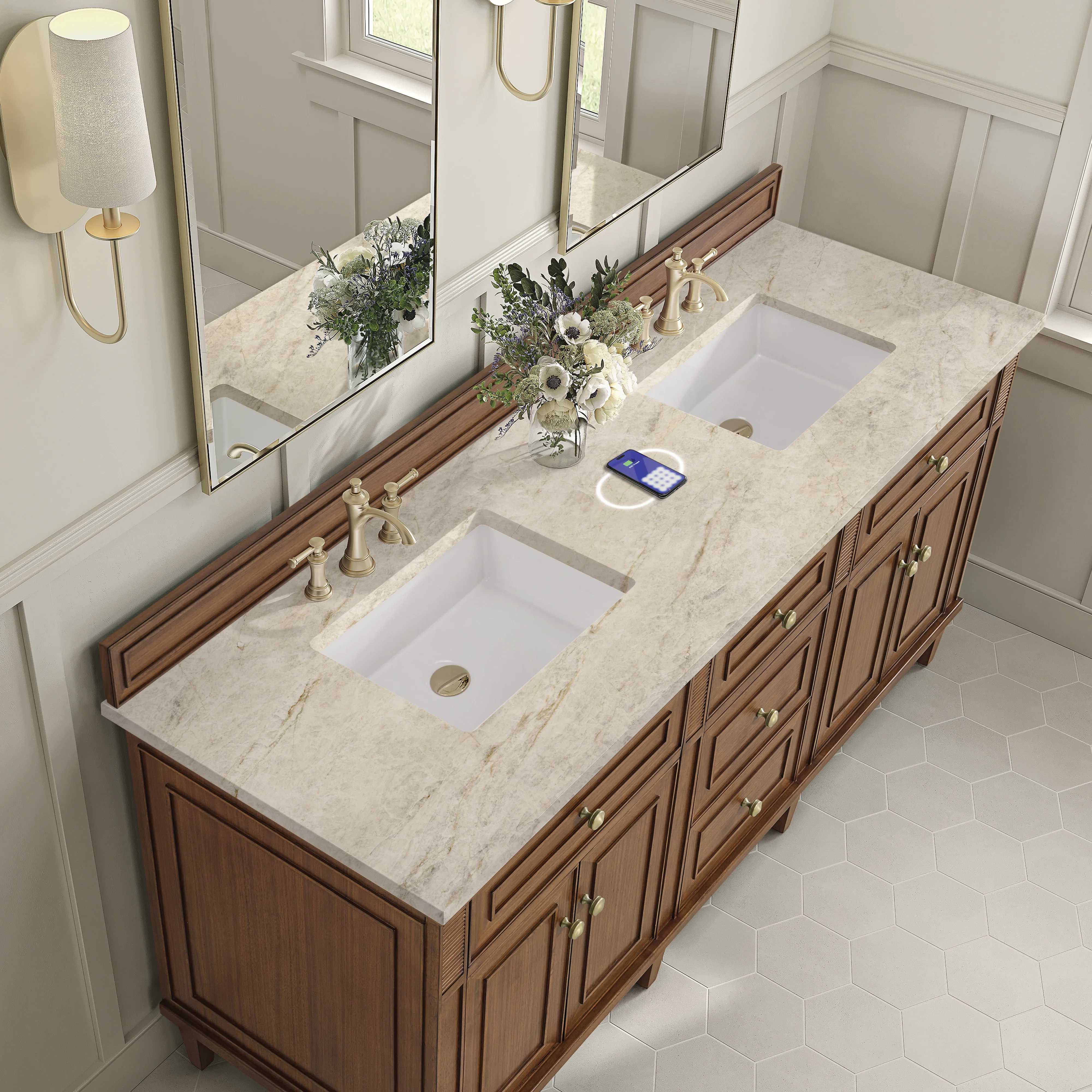 Lorelai 72" Double Vanity, Mid-Century Walnut, w/ 3 CM Tajnar Eclos Top w/FreePower Wireless Charger