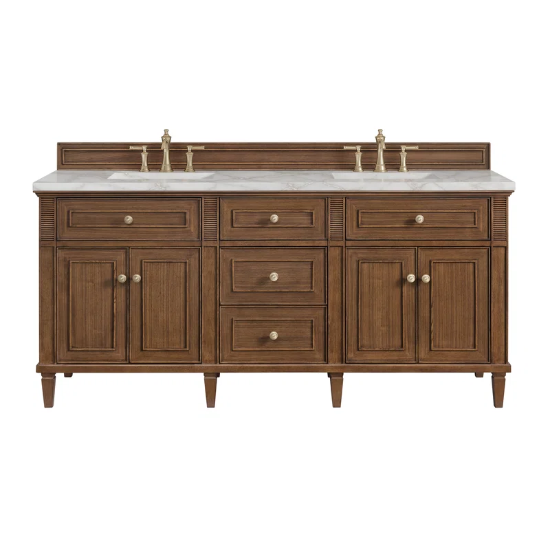 Lorelai 72"Double Vanity, Mid-Century Walnut w/ 3 CM Victorian Silver Silestone Top w/FreePower Wireless Charger