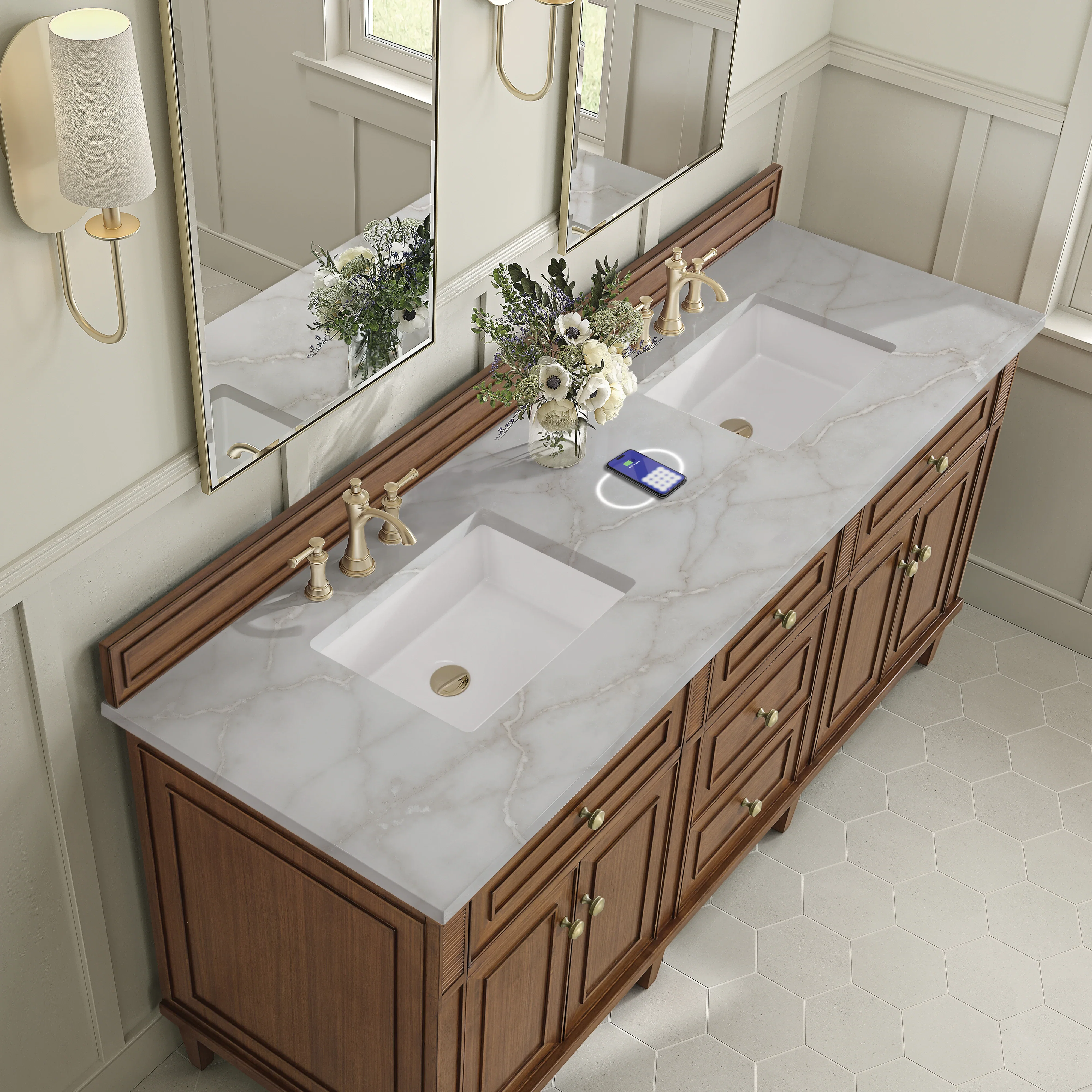 Lorelai 72"Double Vanity, Mid-Century Walnut w/ 3 CM Victorian Silver Silestone Top w/FreePower Wireless Charger