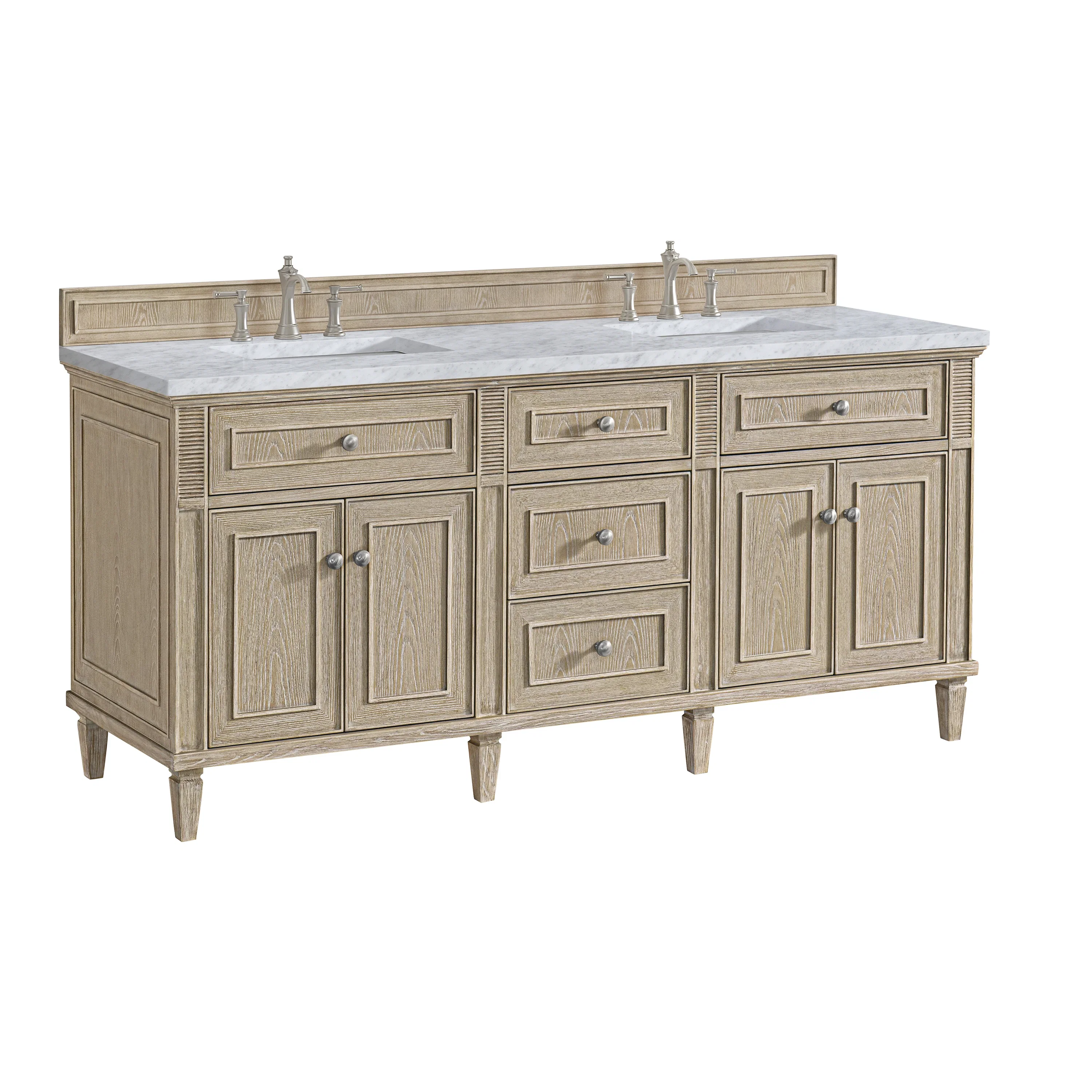 Lorelai 72" Double Vanity, Whitewashed Oak w/ 3 CM Carrara White Marble Top