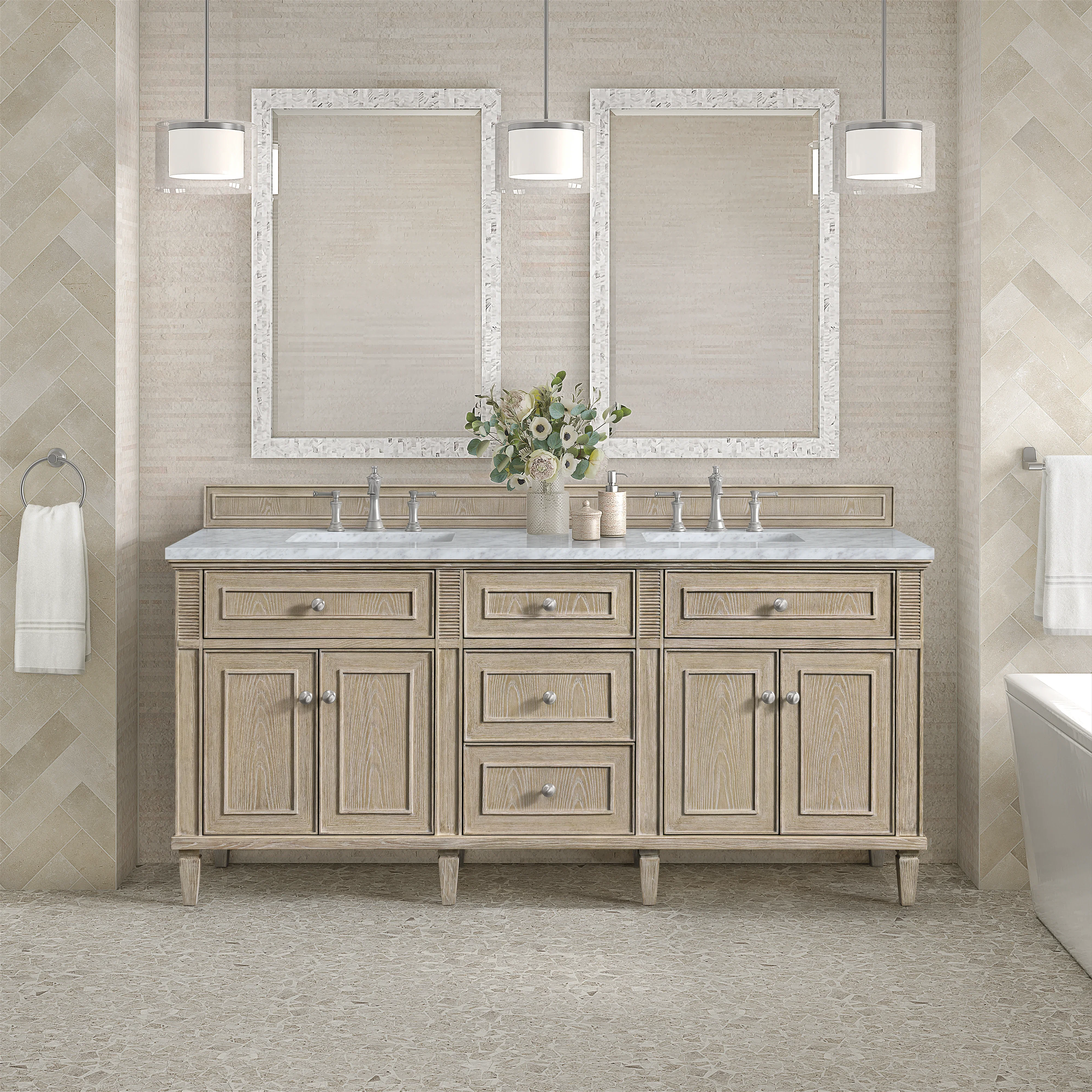 Lorelai 72" Double Vanity, Whitewashed Oak w/ 3 CM Carrara White Marble Top