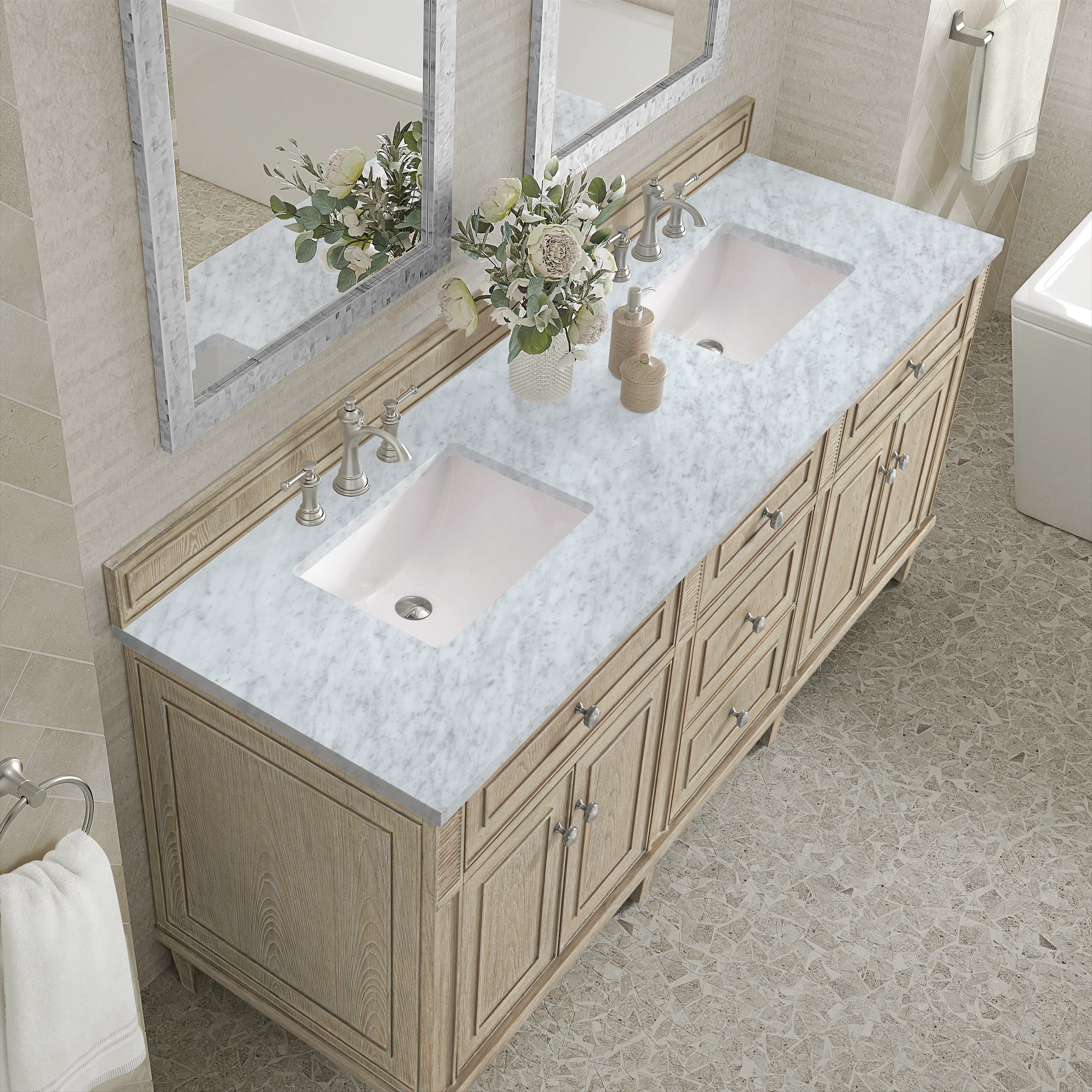 Lorelai 72" Double Vanity, Whitewashed Oak w/ 3 CM Carrara White Marble Top
