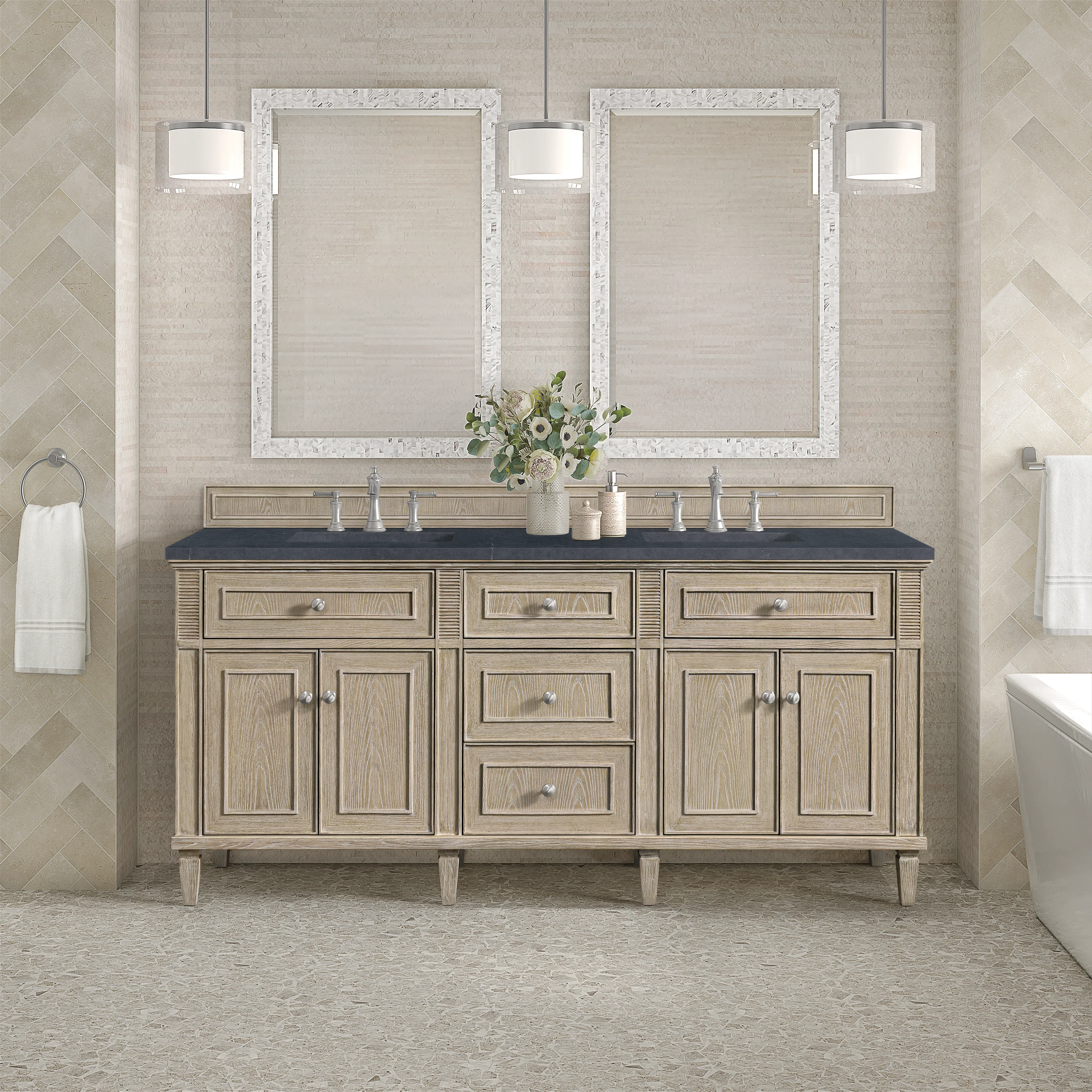 Lorelai 72" Double Vanity, Whitewashed Oak w/ 3 CM Charcoal Soapstone Silestone Top