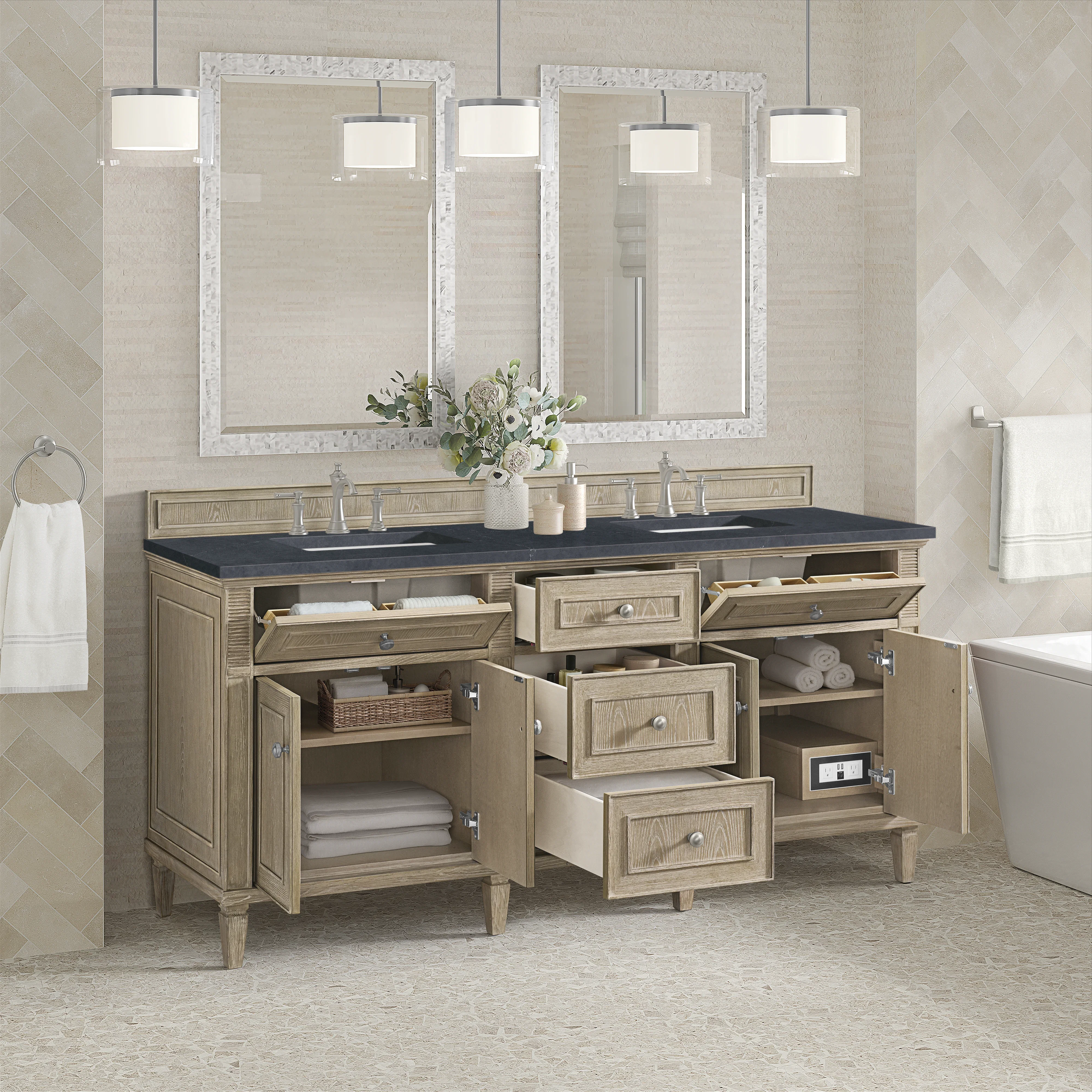 Lorelai 72" Double Vanity, Whitewashed Oak w/ 3 CM Charcoal Soapstone Silestone Top