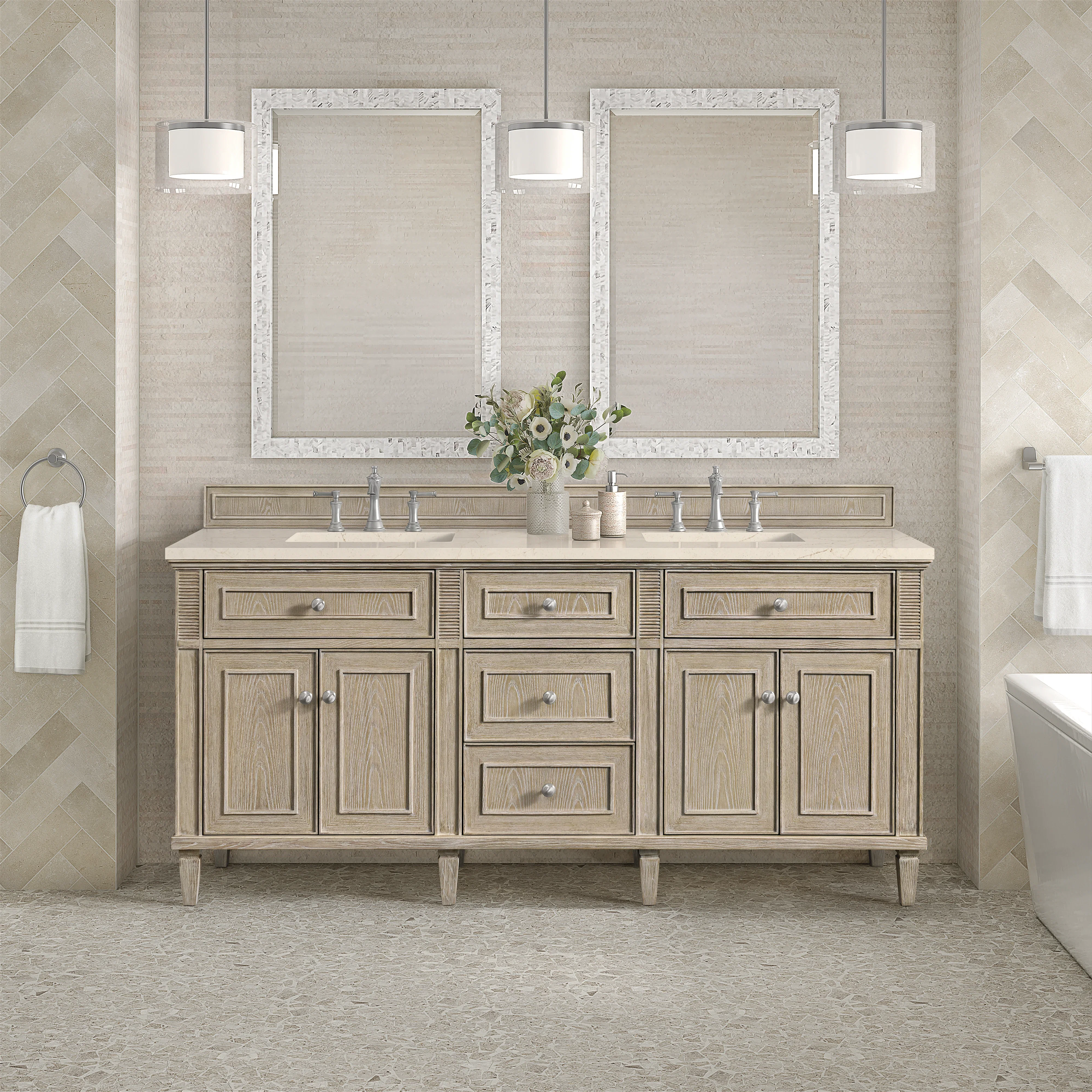 Lorelai 72" Double Vanity, Whitewashed Oak w/ 3 CM Eternal Marfil Silestone Top