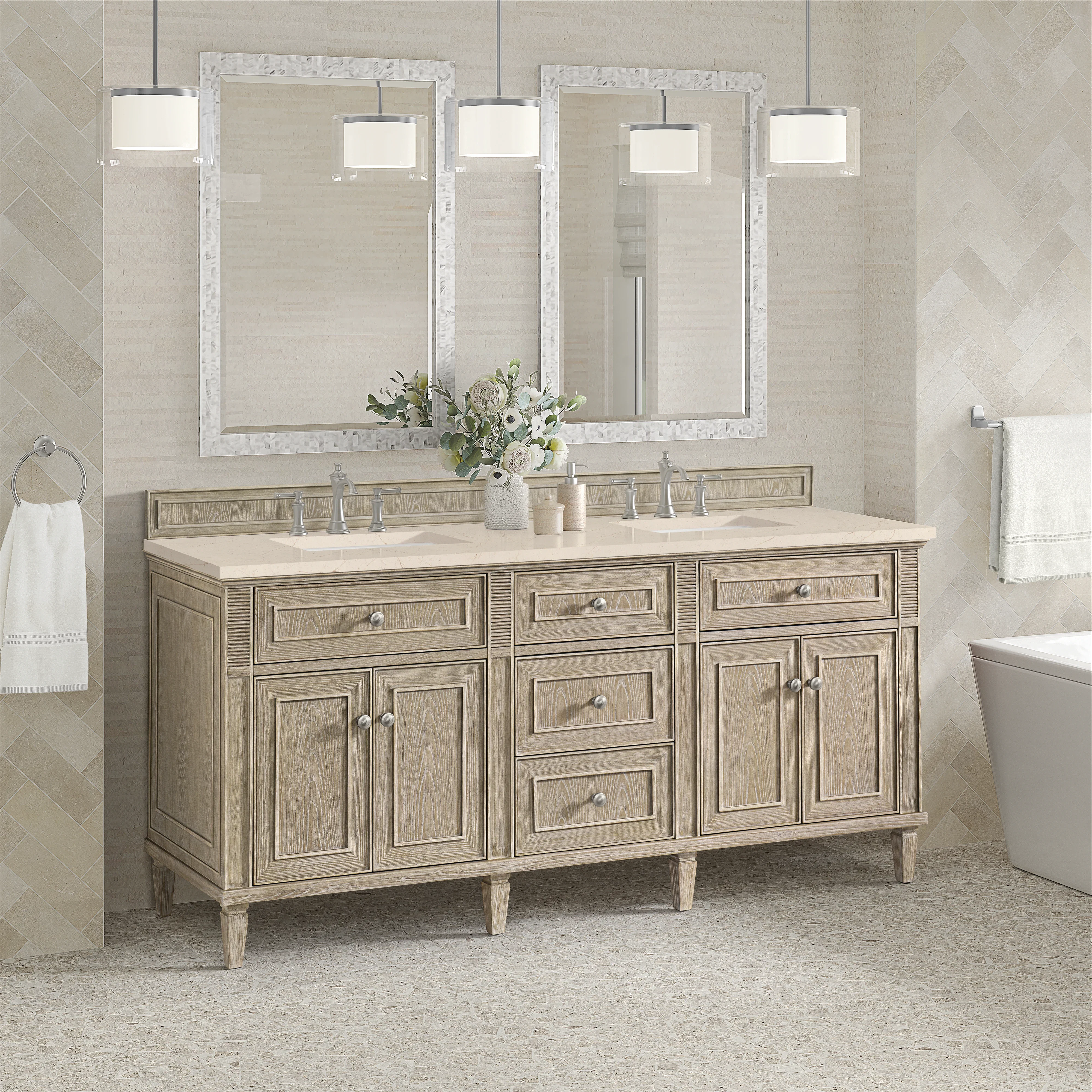 Lorelai 72" Double Vanity, Whitewashed Oak w/ 3 CM Eternal Marfil Silestone Top