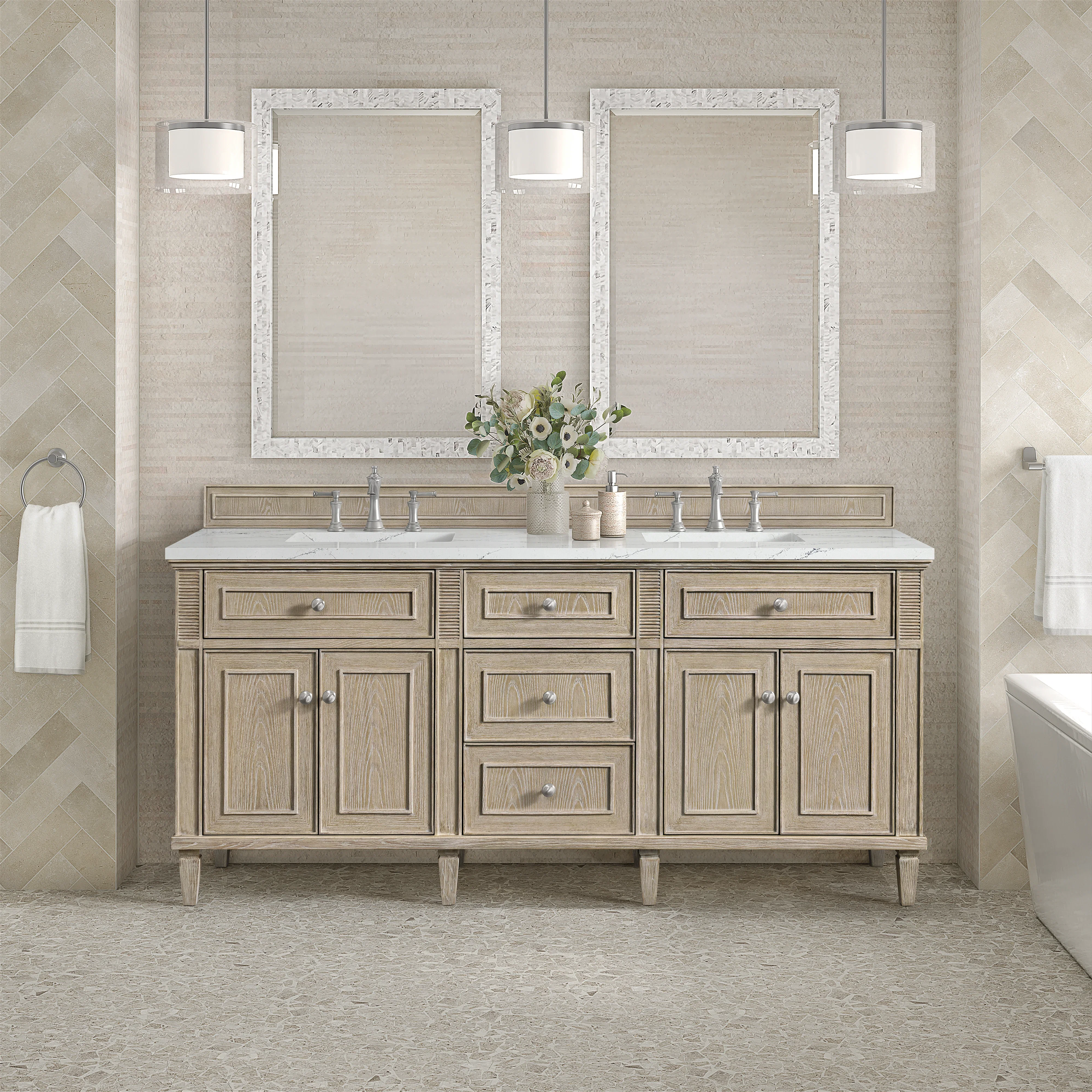 Lorelai 72" Double Vanity, Whitewashed Oak w/ 3 CM Ethereal Noctis Silestone Top