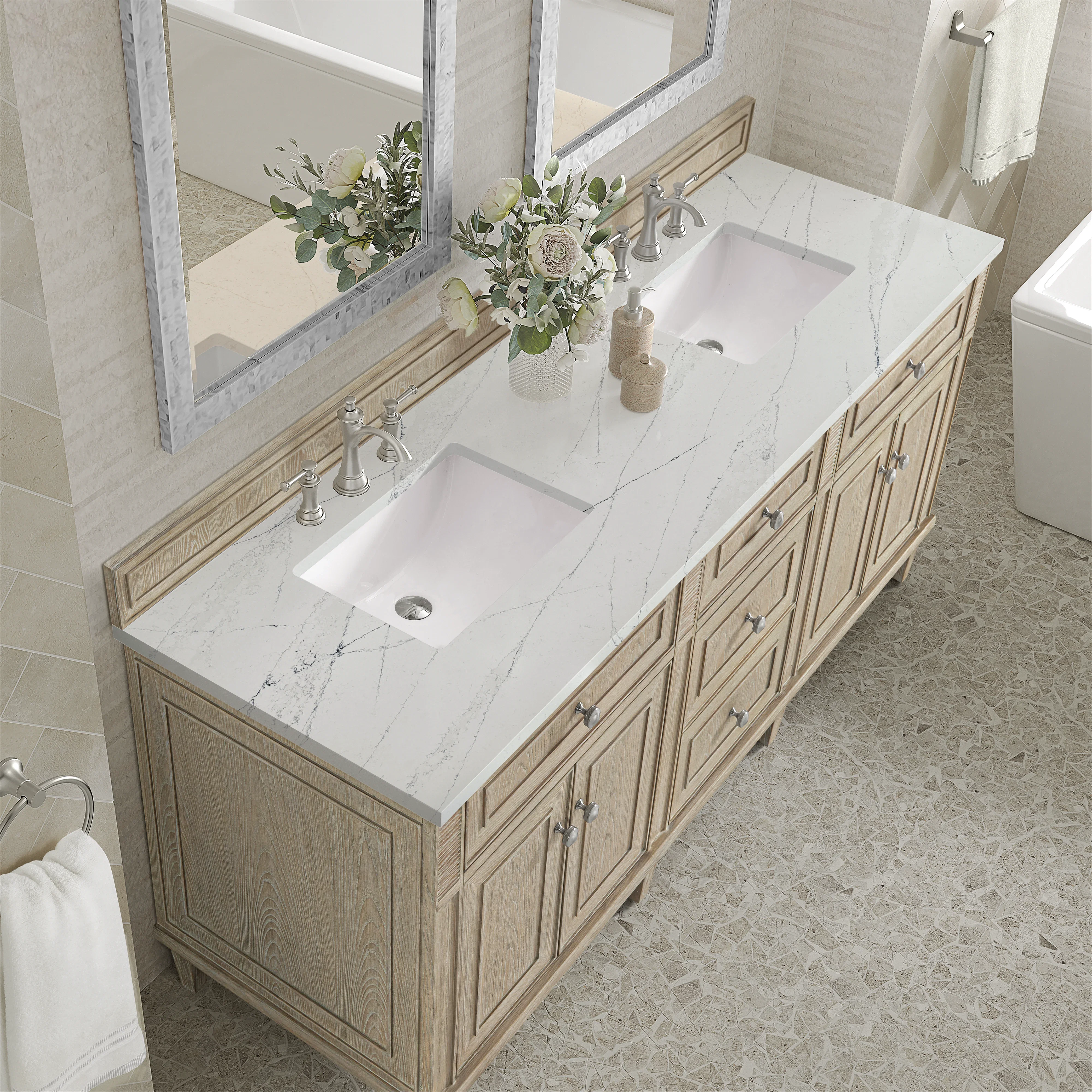Lorelai 72" Double Vanity, Whitewashed Oak w/ 3 CM Ethereal Noctis Silestone Top