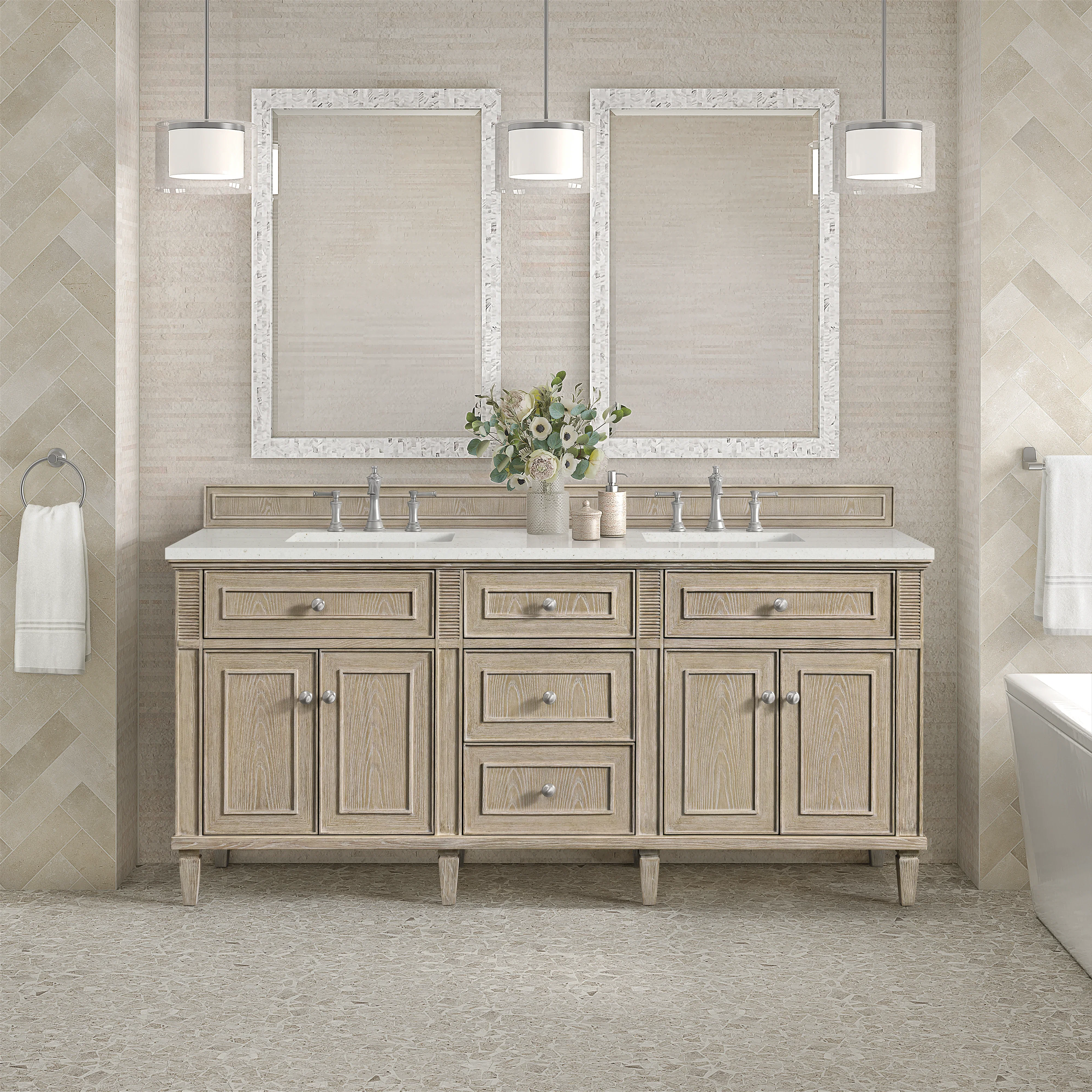Lorelai 72" Double Vanity, Whitewashed Oak w/ 3 CM Lime Delight Silestone Top