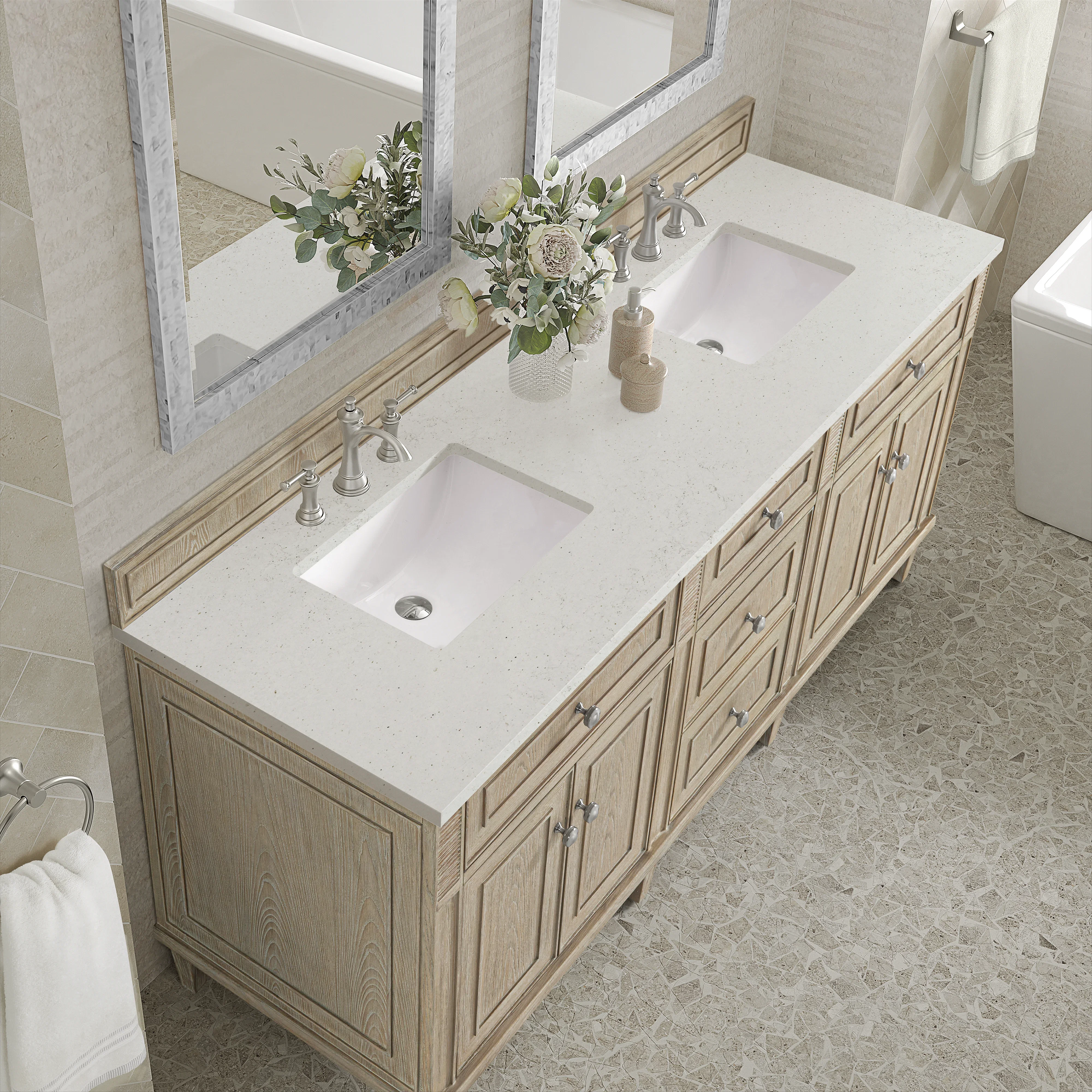 Lorelai 72" Double Vanity, Whitewashed Oak w/ 3 CM Lime Delight Silestone Top