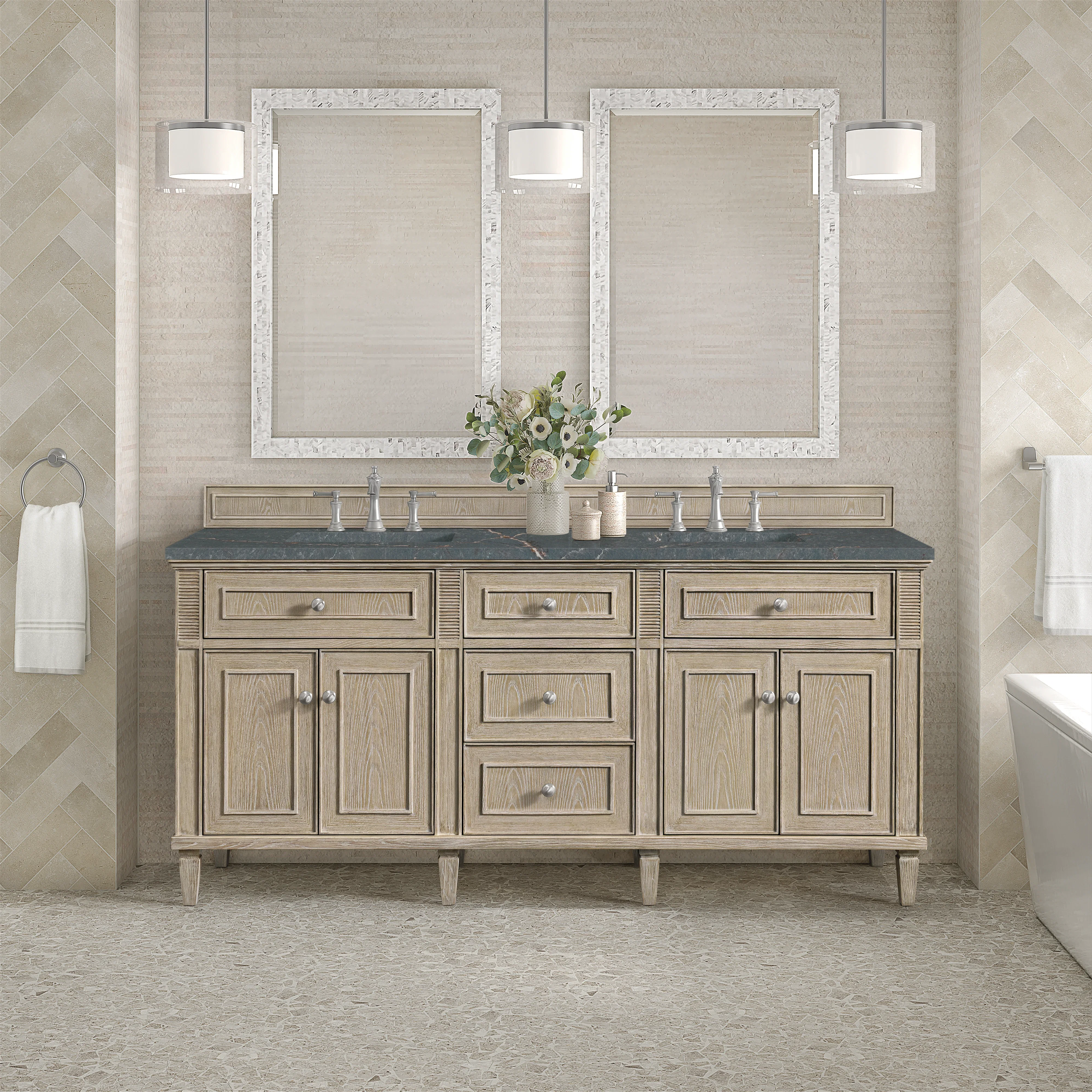 Lorelai 72" Double Vanity, Whitewashed Oak w/ 3 CM Parisien Bleu Silestone Top