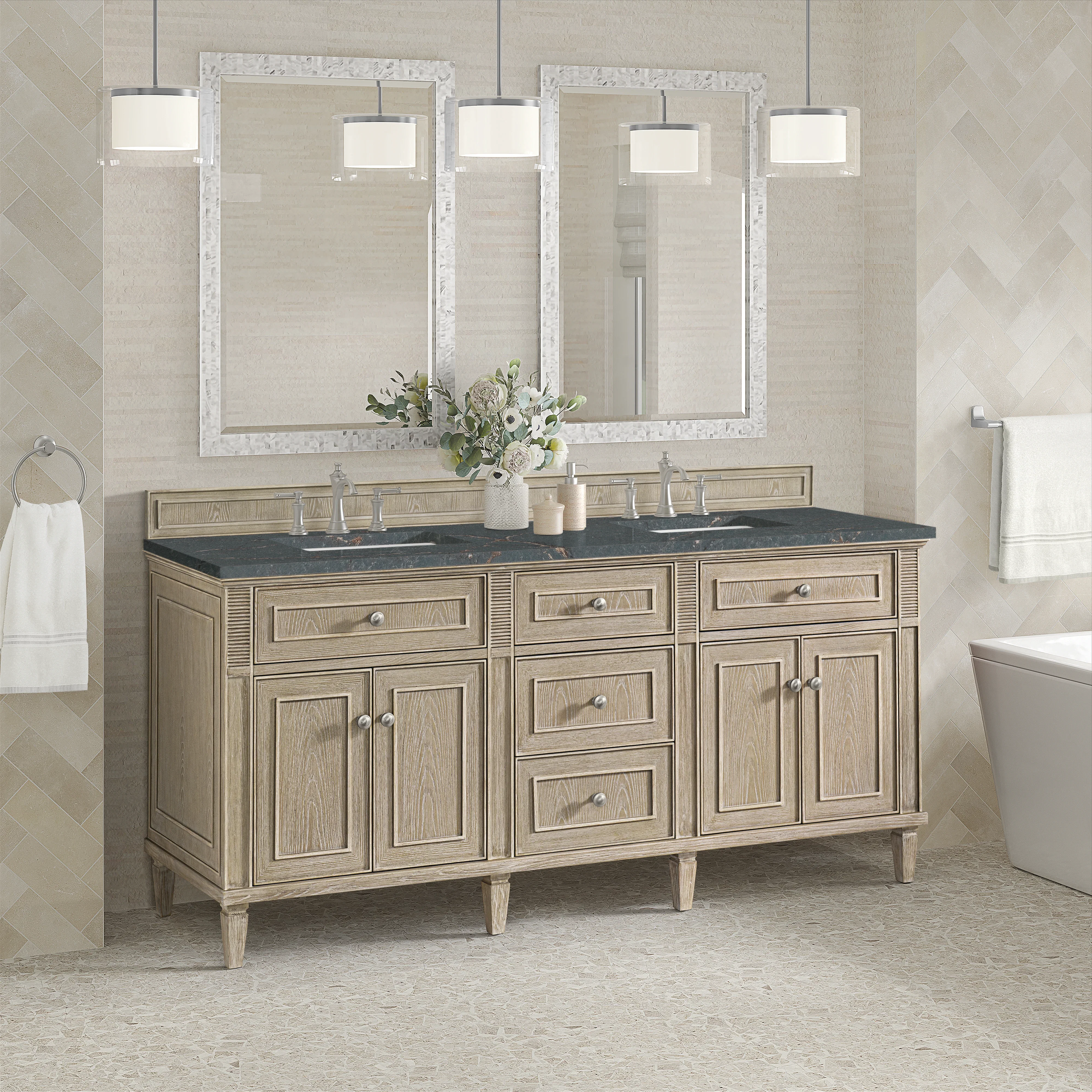 Lorelai 72" Double Vanity, Whitewashed Oak w/ 3 CM Parisien Bleu Silestone Top
