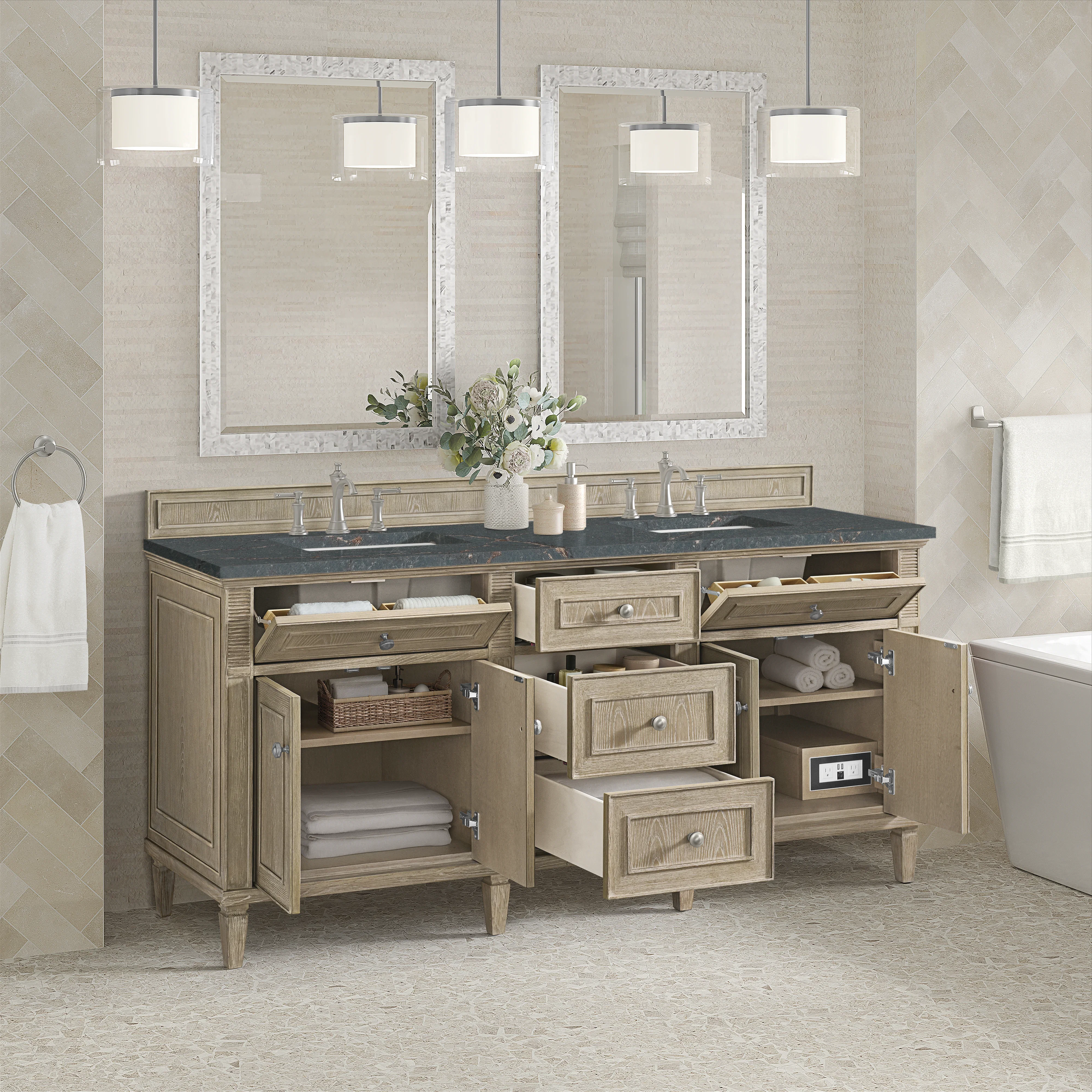 Lorelai 72" Double Vanity, Whitewashed Oak w/ 3 CM Parisien Bleu Silestone Top