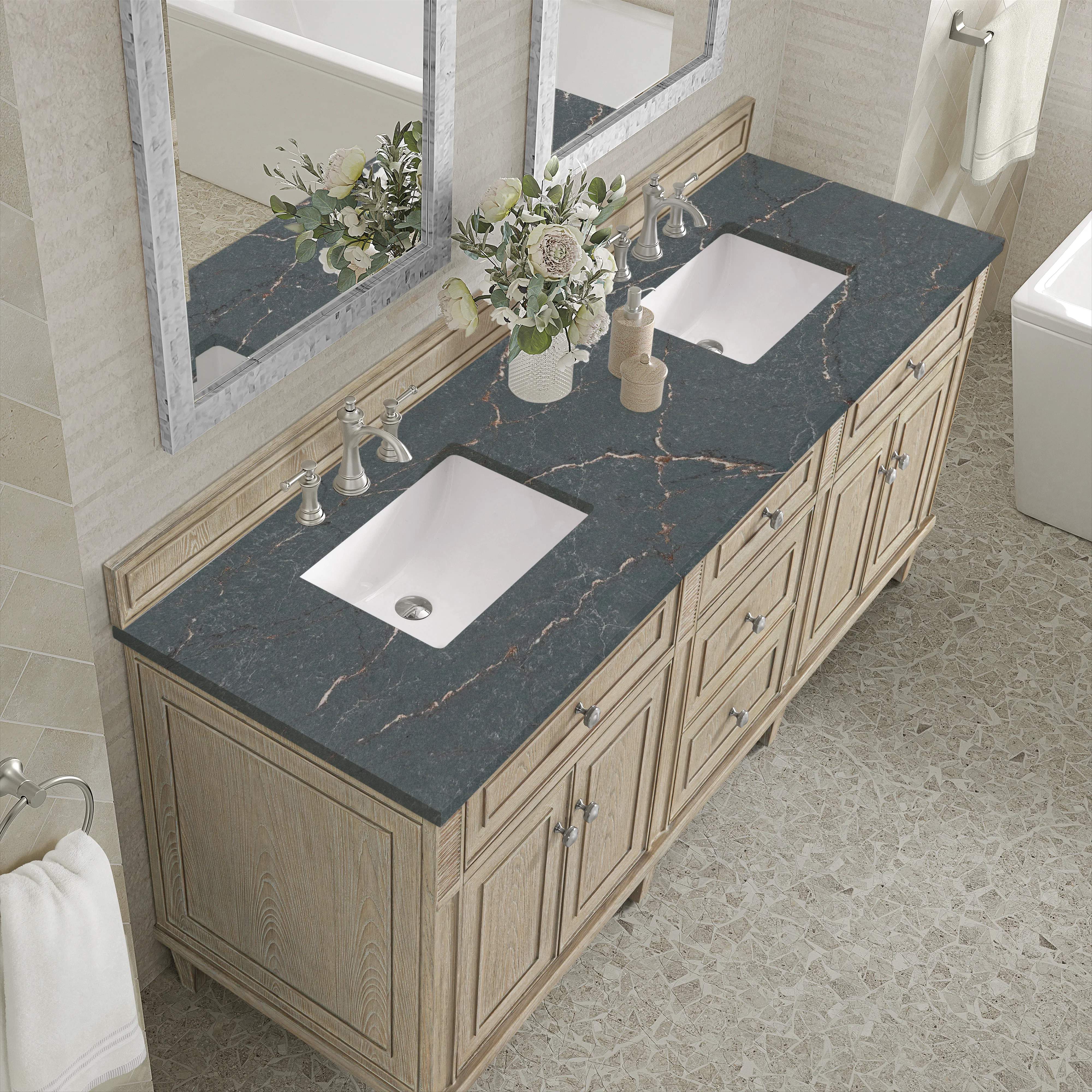 Lorelai 72" Double Vanity, Whitewashed Oak w/ 3 CM Parisien Bleu Silestone Top