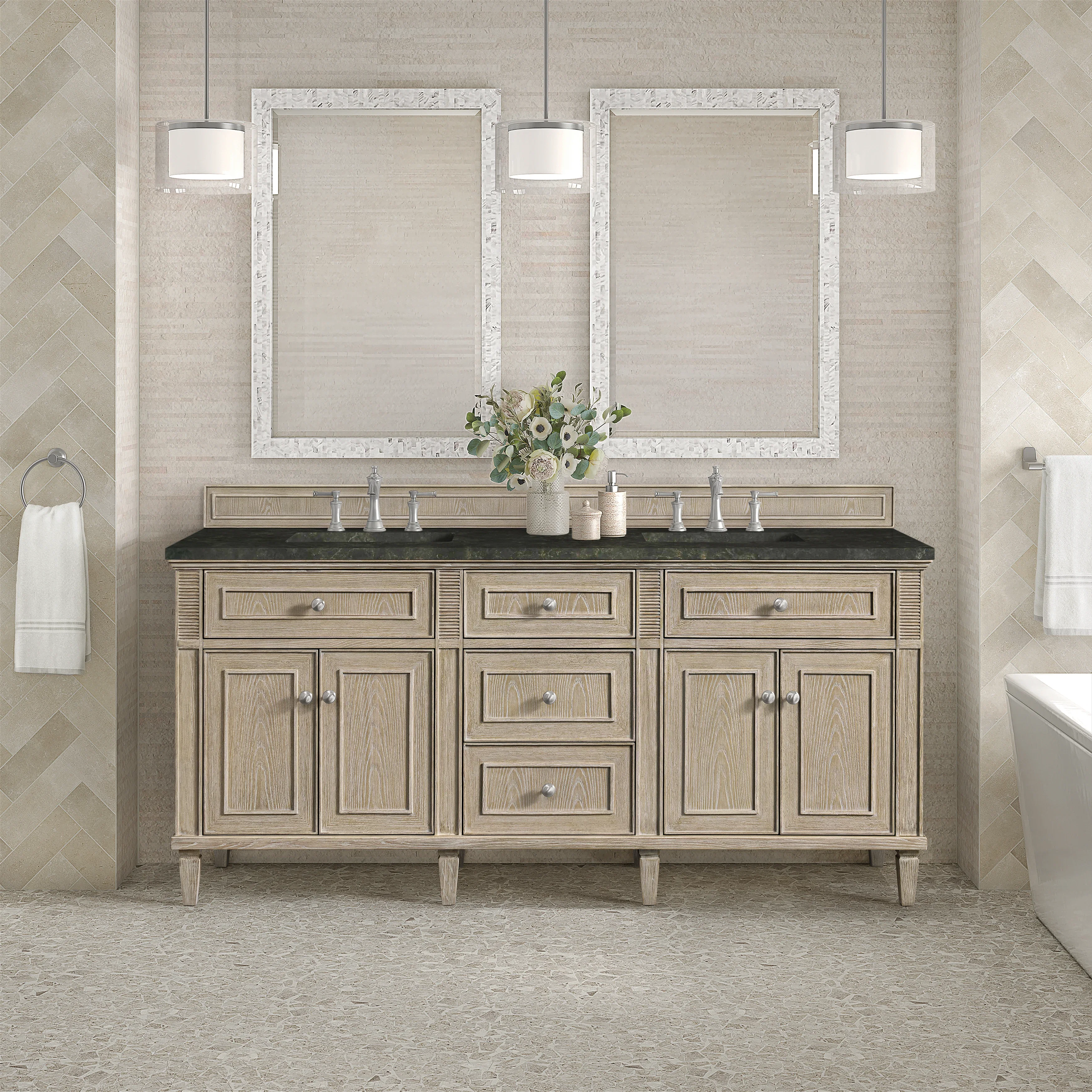 Lorelai 72" Double Vanity, Whitewashed Oak, w/ 3 CM Phantome Eclos Top