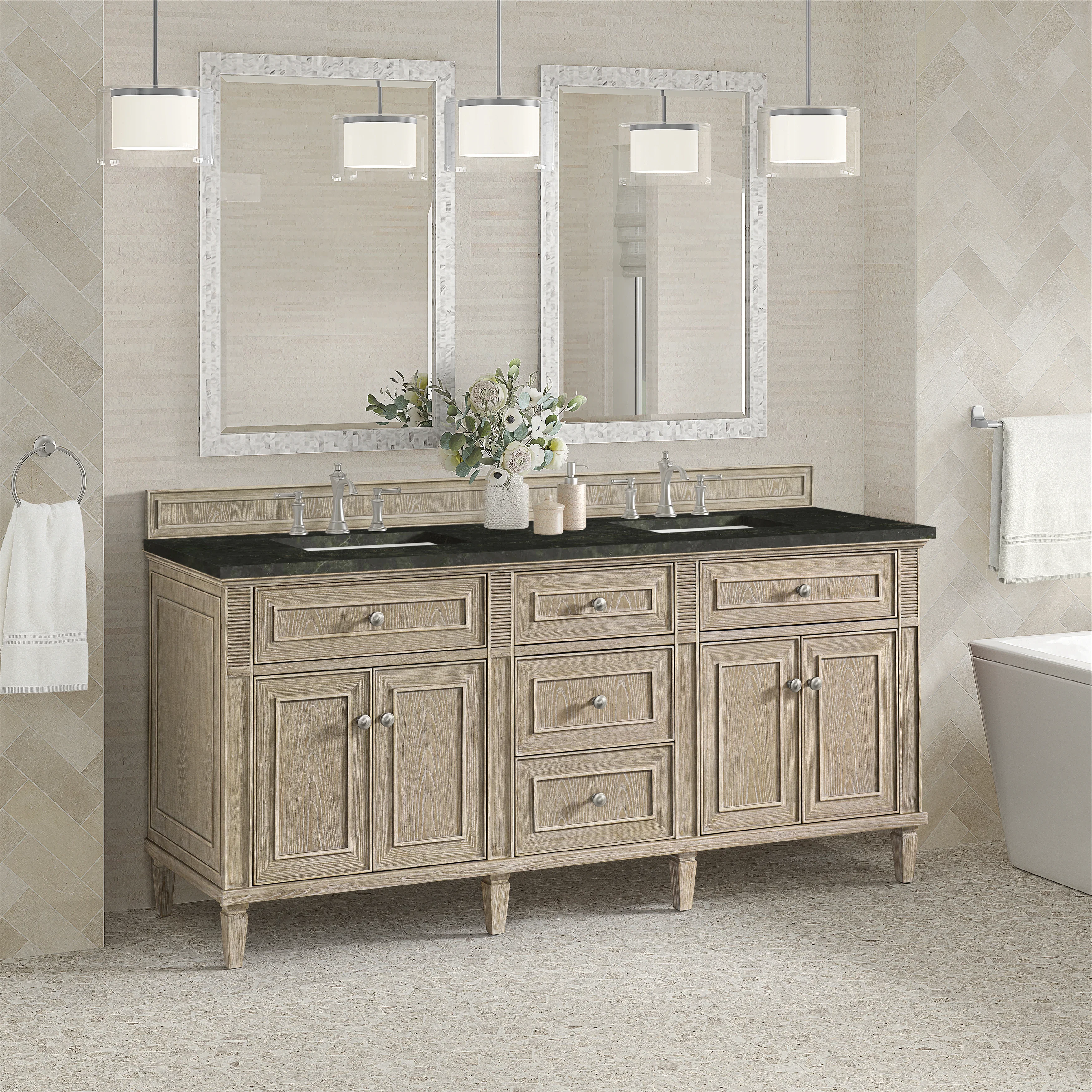 Lorelai 72" Double Vanity, Whitewashed Oak, w/ 3 CM Phantome Eclos Top