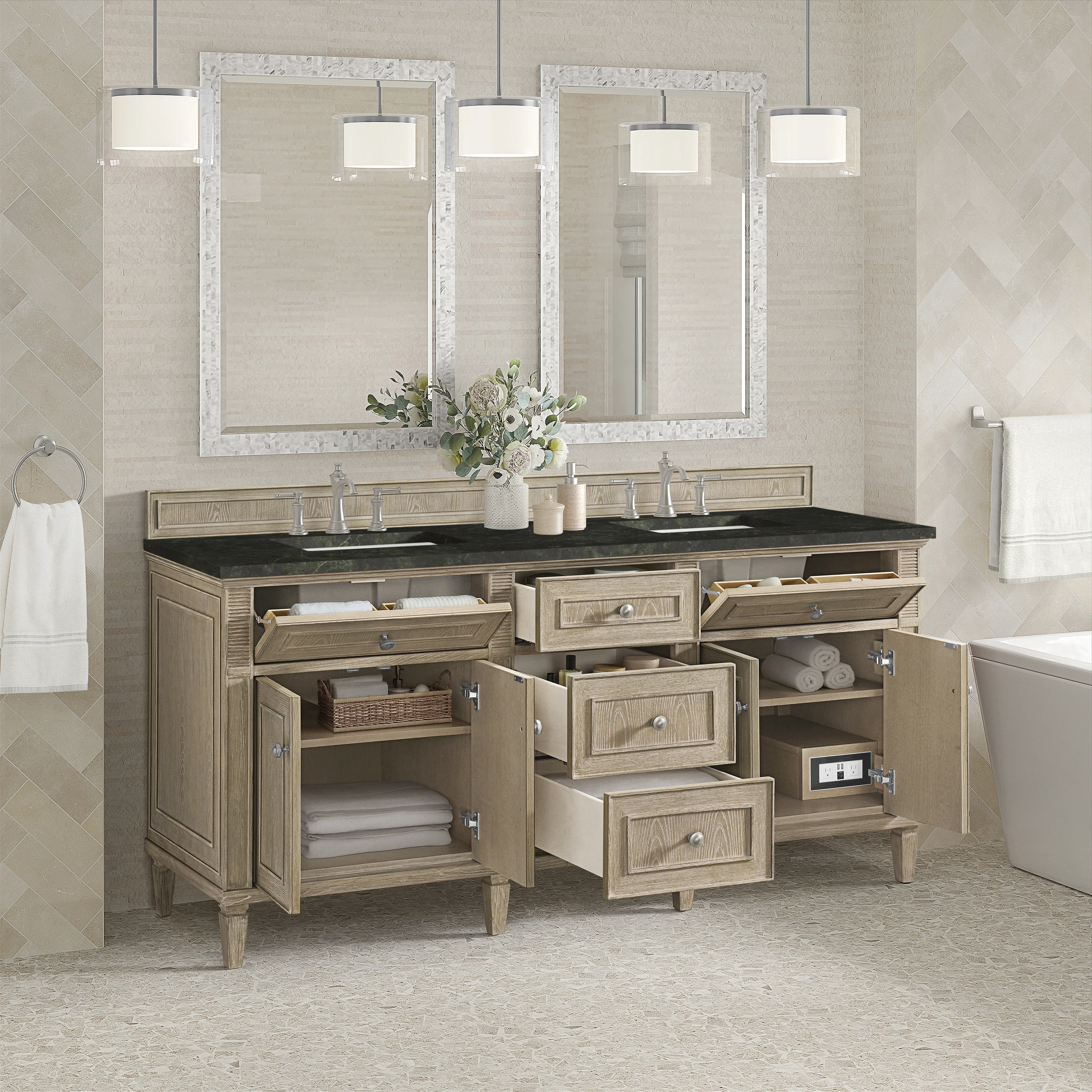 Lorelai 72" Double Vanity, Whitewashed Oak, w/ 3 CM Phantome Eclos Top