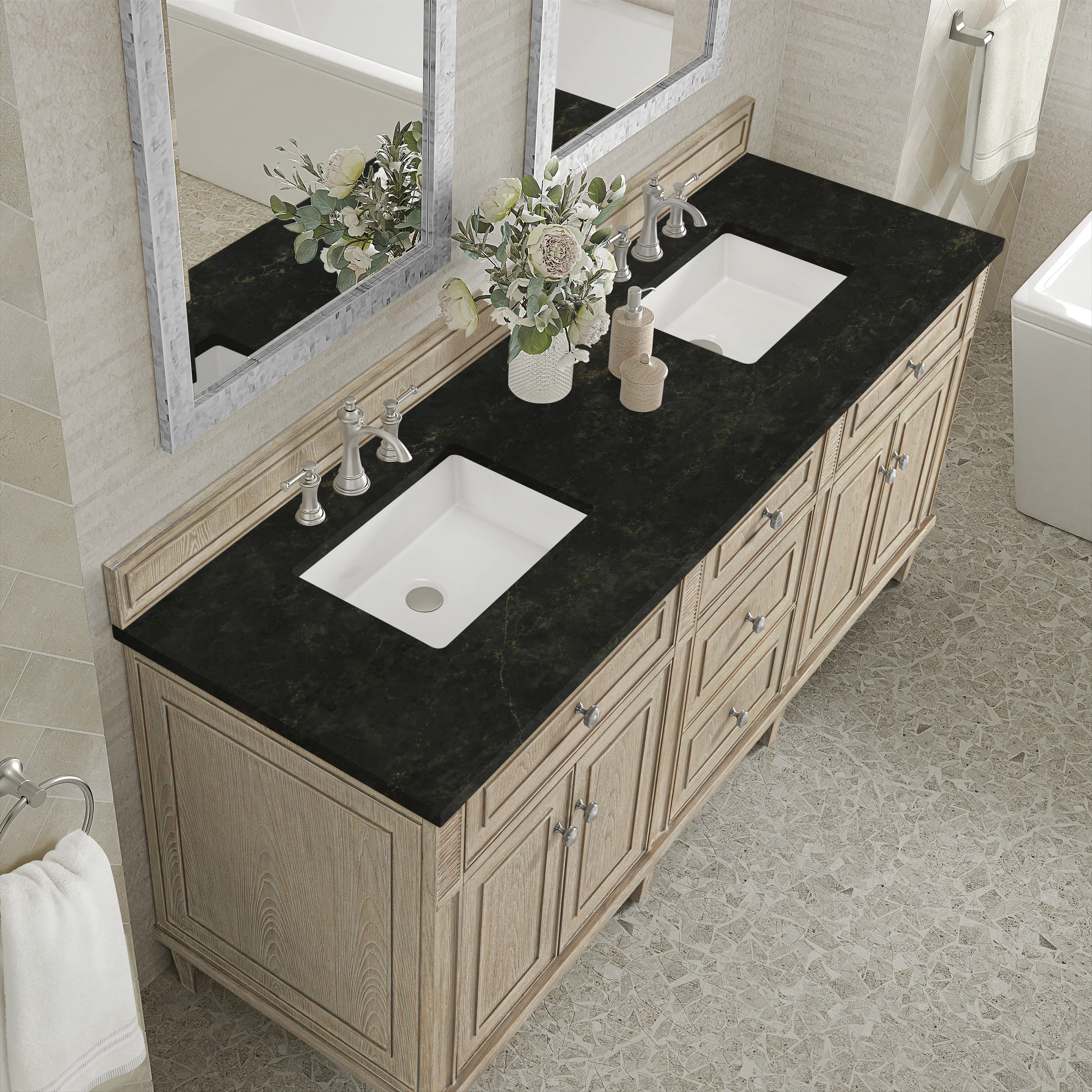 Lorelai 72" Double Vanity, Whitewashed Oak, w/ 3 CM Phantome Eclos Top
