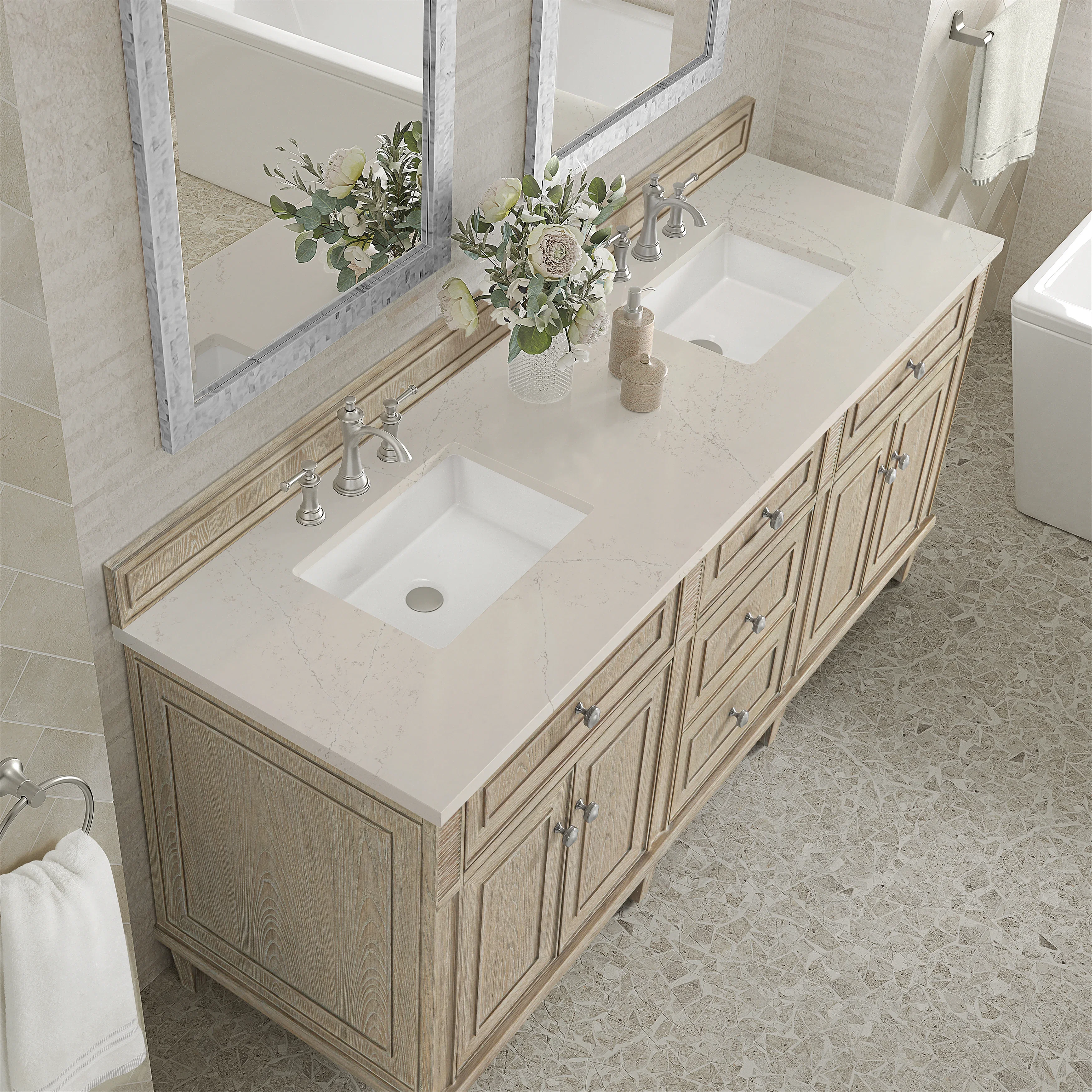 Lorelai 72" Double Vanity, Whitewashed Oak, w/ 3 CM Siberian Silestone Top