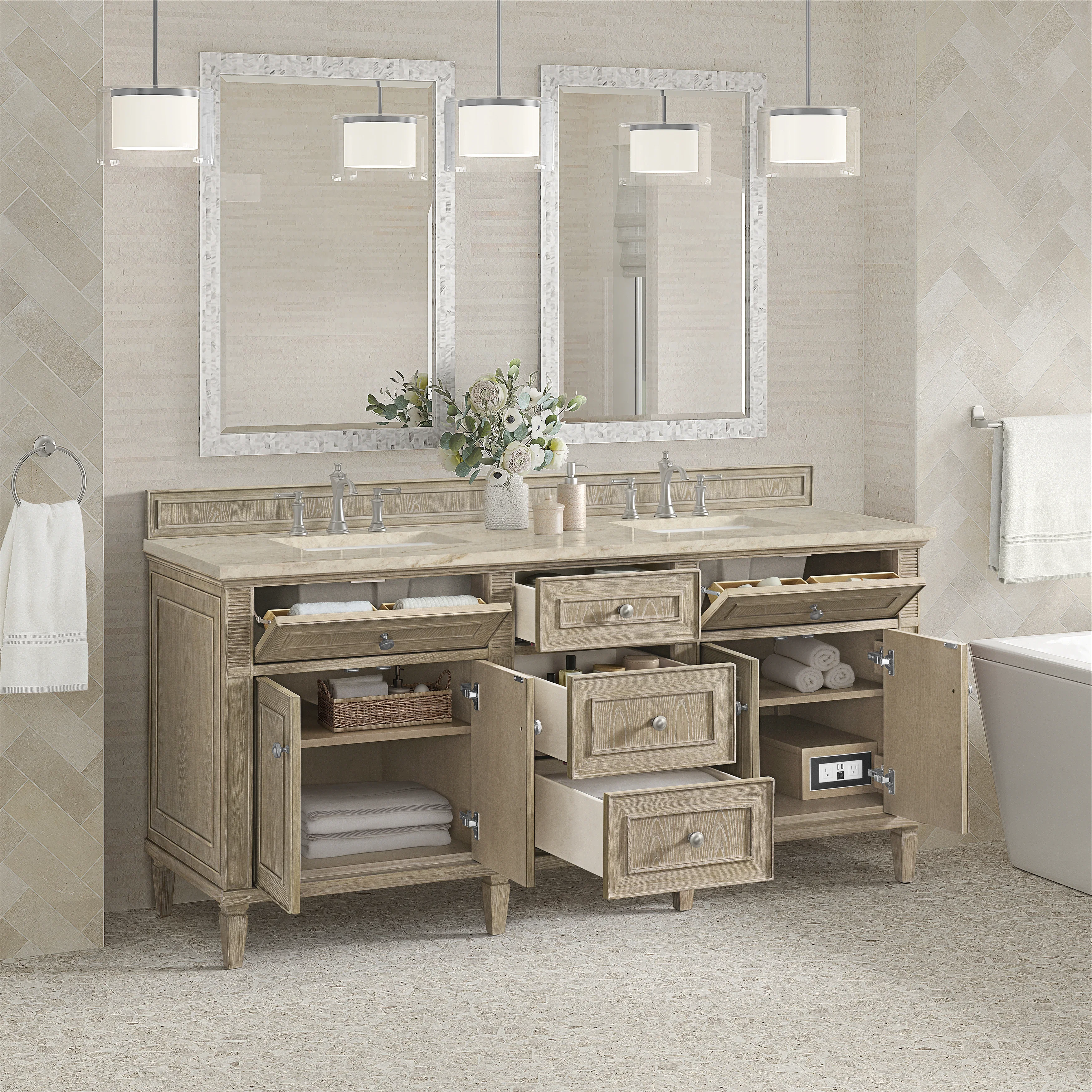 Lorelai 72" Double Vanity, Whitewashed Oak, w/ 3 CM Tajnar Eclos Top
