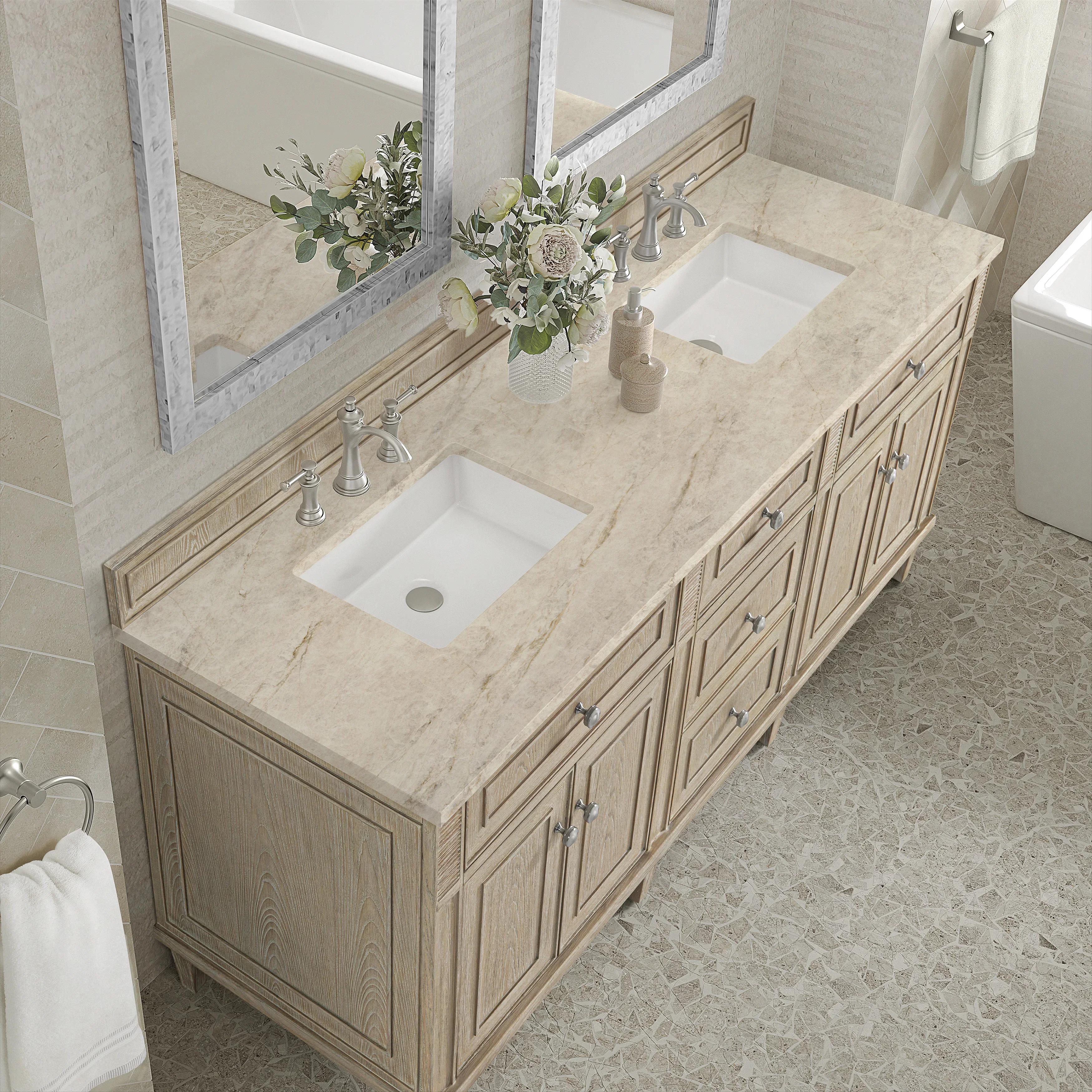 Lorelai 72" Double Vanity, Whitewashed Oak, w/ 3 CM Tajnar Eclos Top