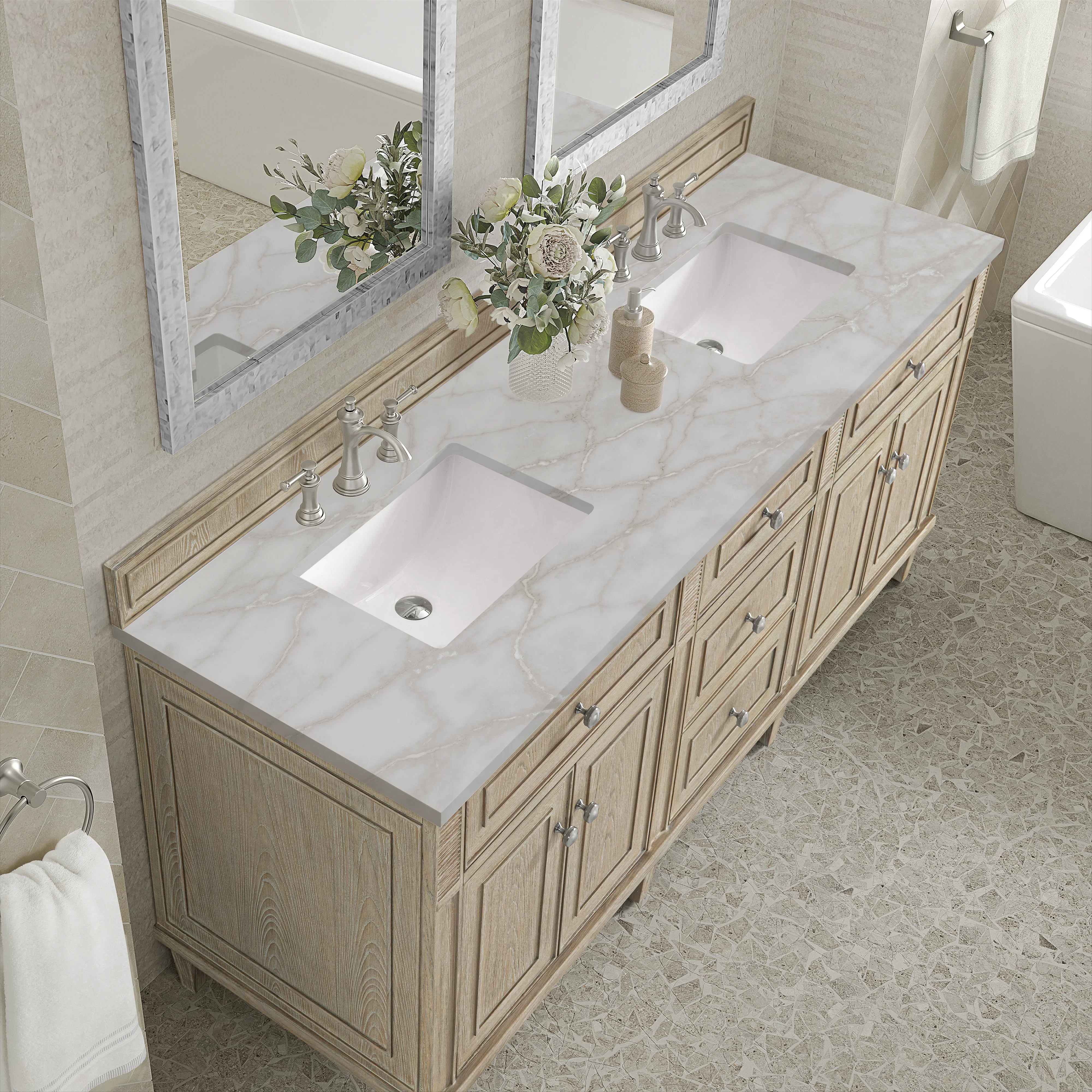 Lorelai 72" Double Vanity, Whitewashed Oak w/ 3 CM Victorian Silver Silestone Top